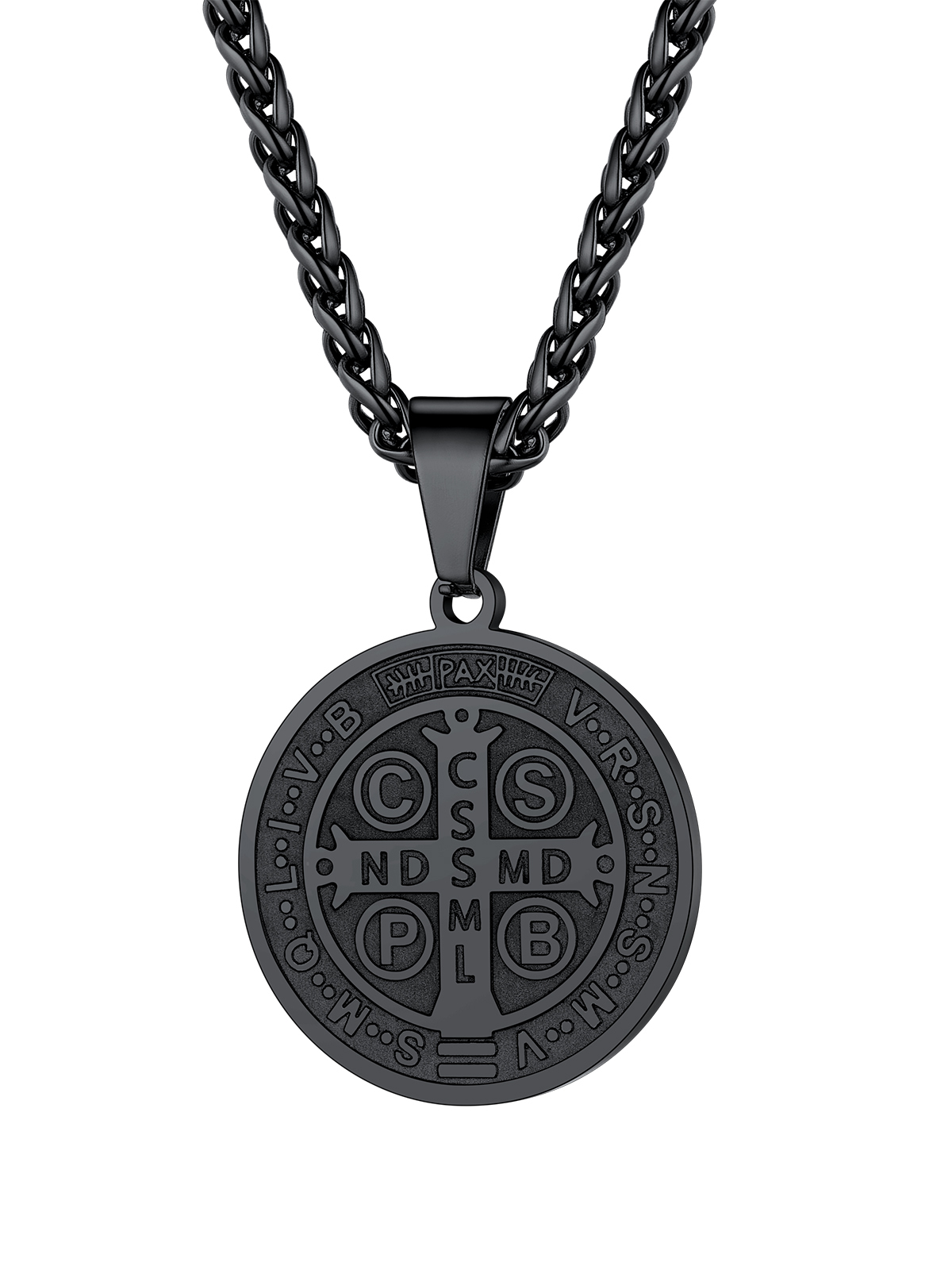 Saint Benedict Pendant Round Coin Medal Necklace in Black