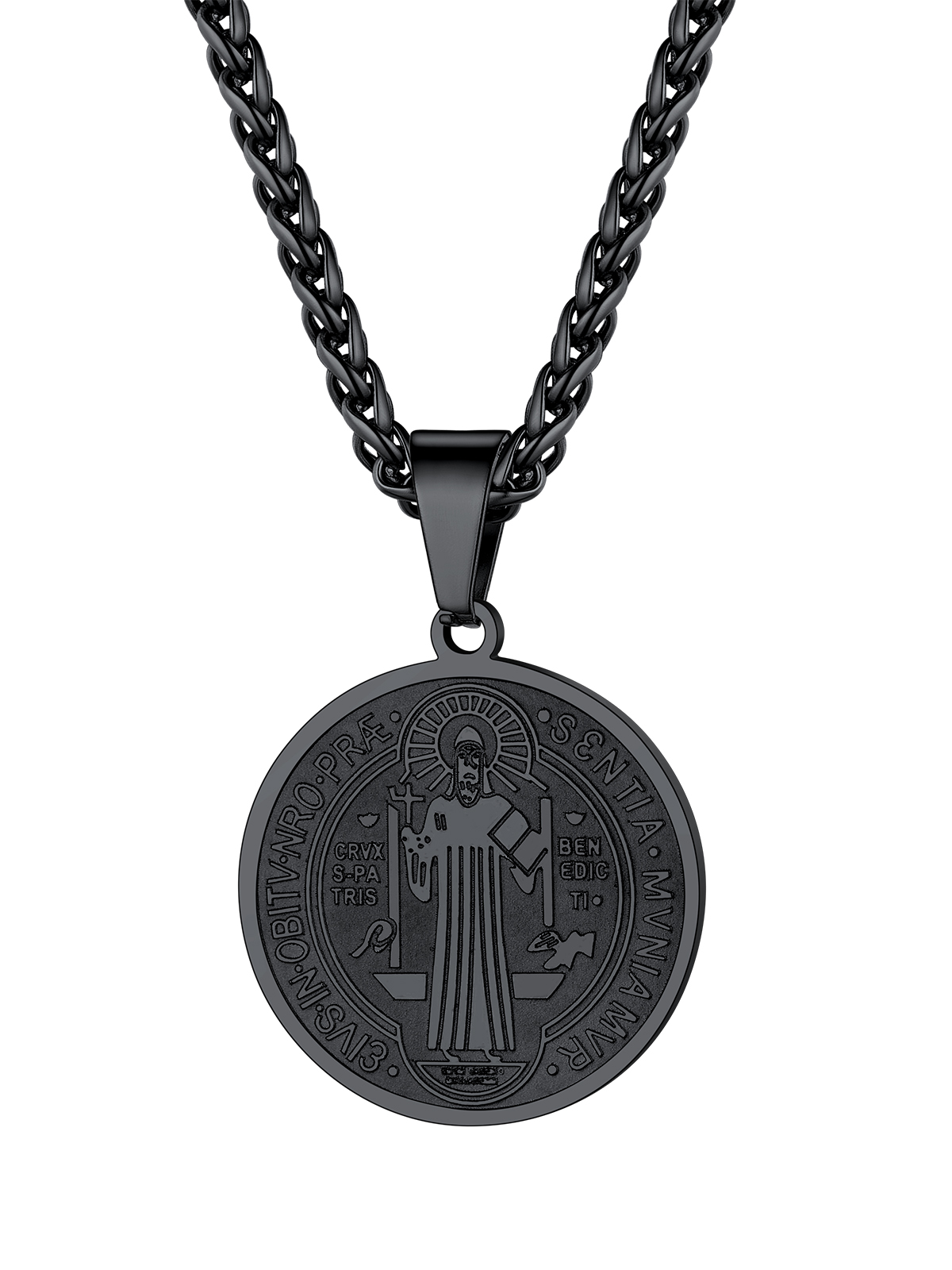 Saint Benedict Pendant Round Coin Medal Necklace in Black