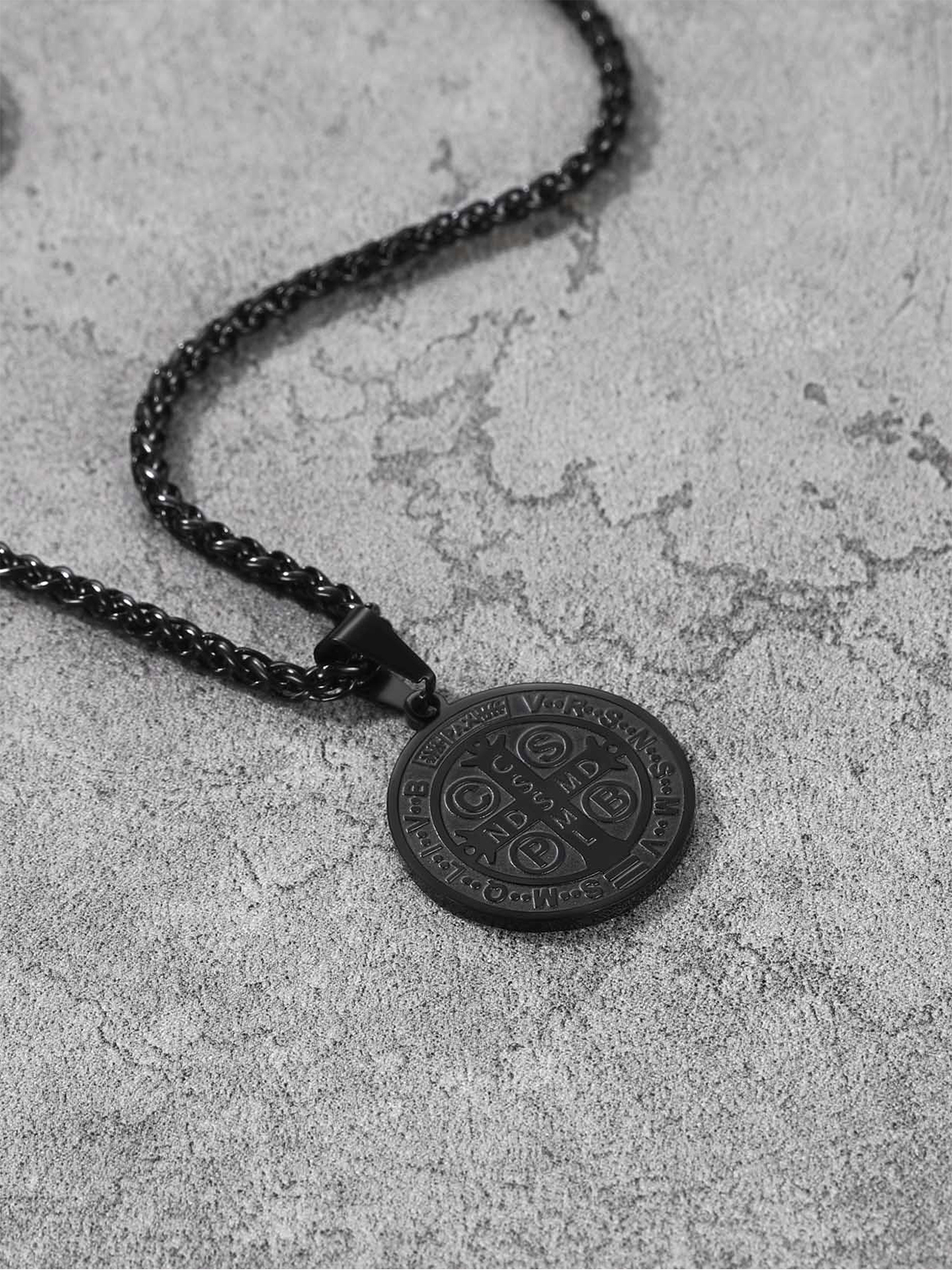 Saint Benedict Pendant Round Coin Medal Necklace in Black
