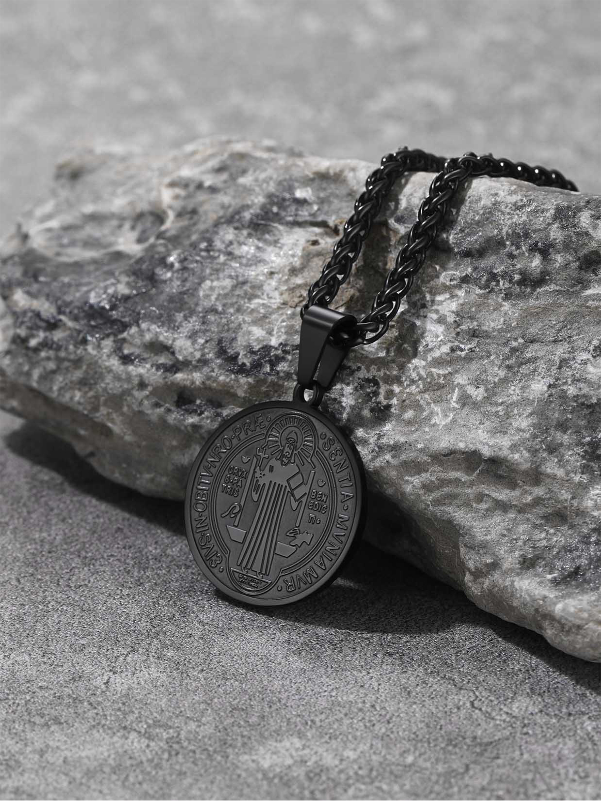 Saint Benedict Pendant Round Coin Medal Necklace in Black