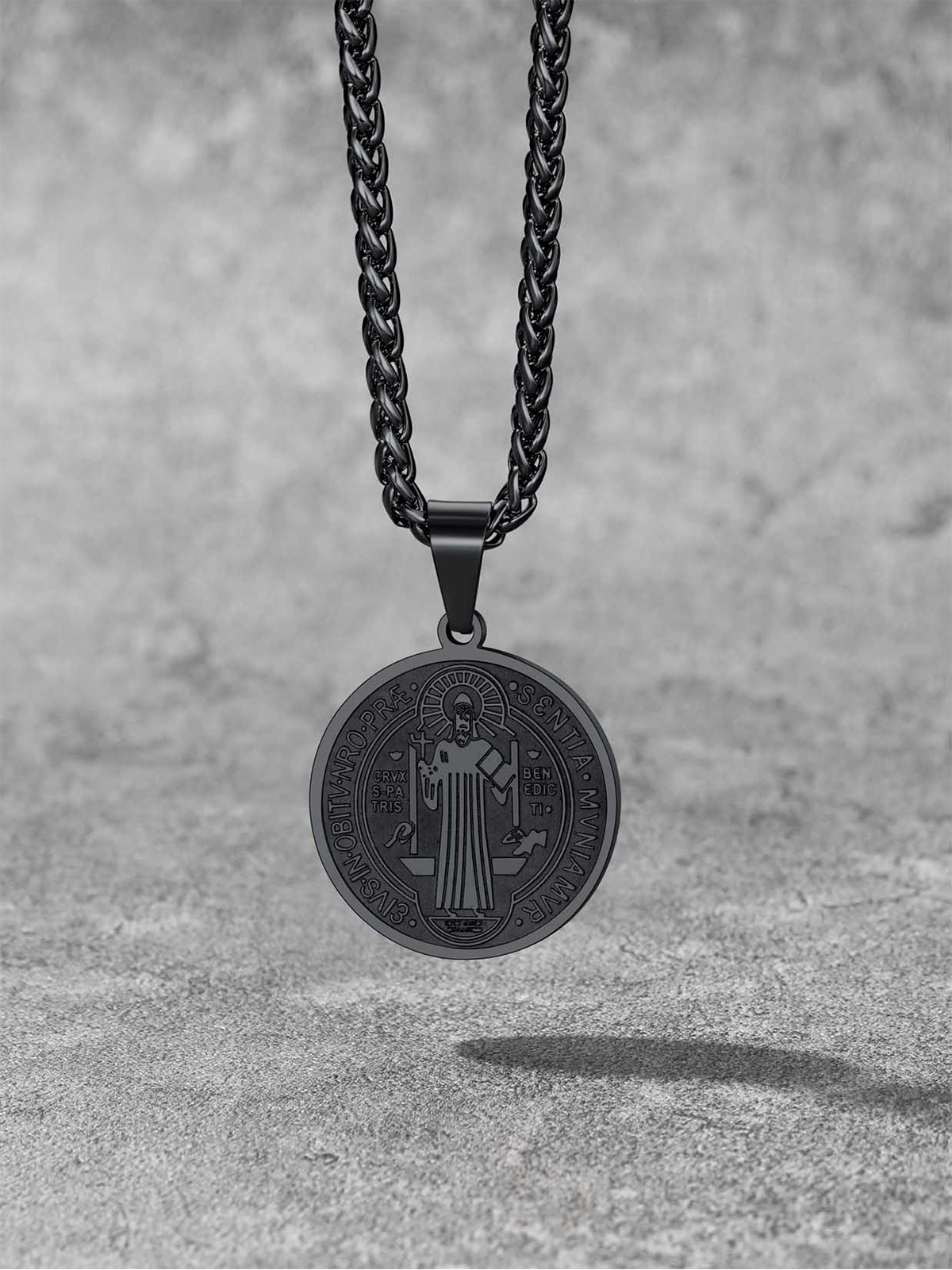 Saint Benedict Pendant Round Coin Medal Necklace in Black