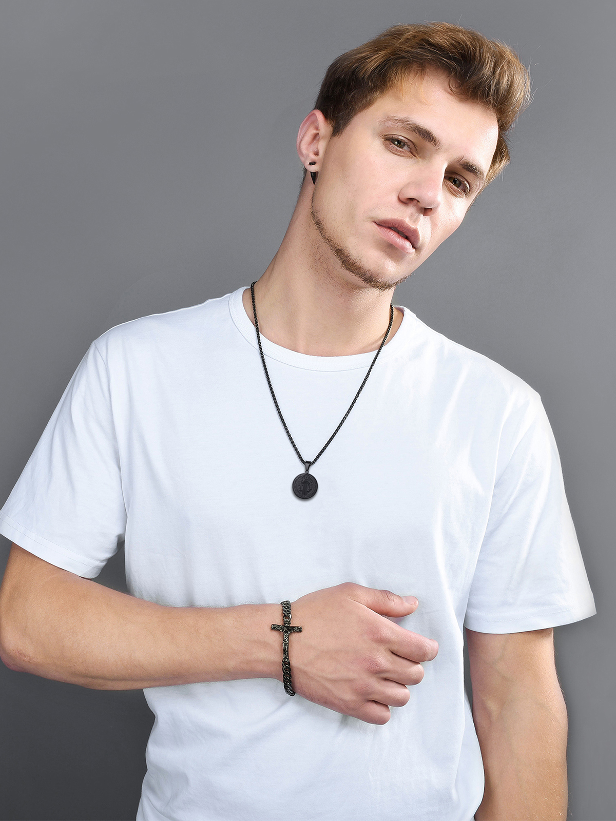 Saint Benedict Pendant Round Coin Medal Necklace in Black