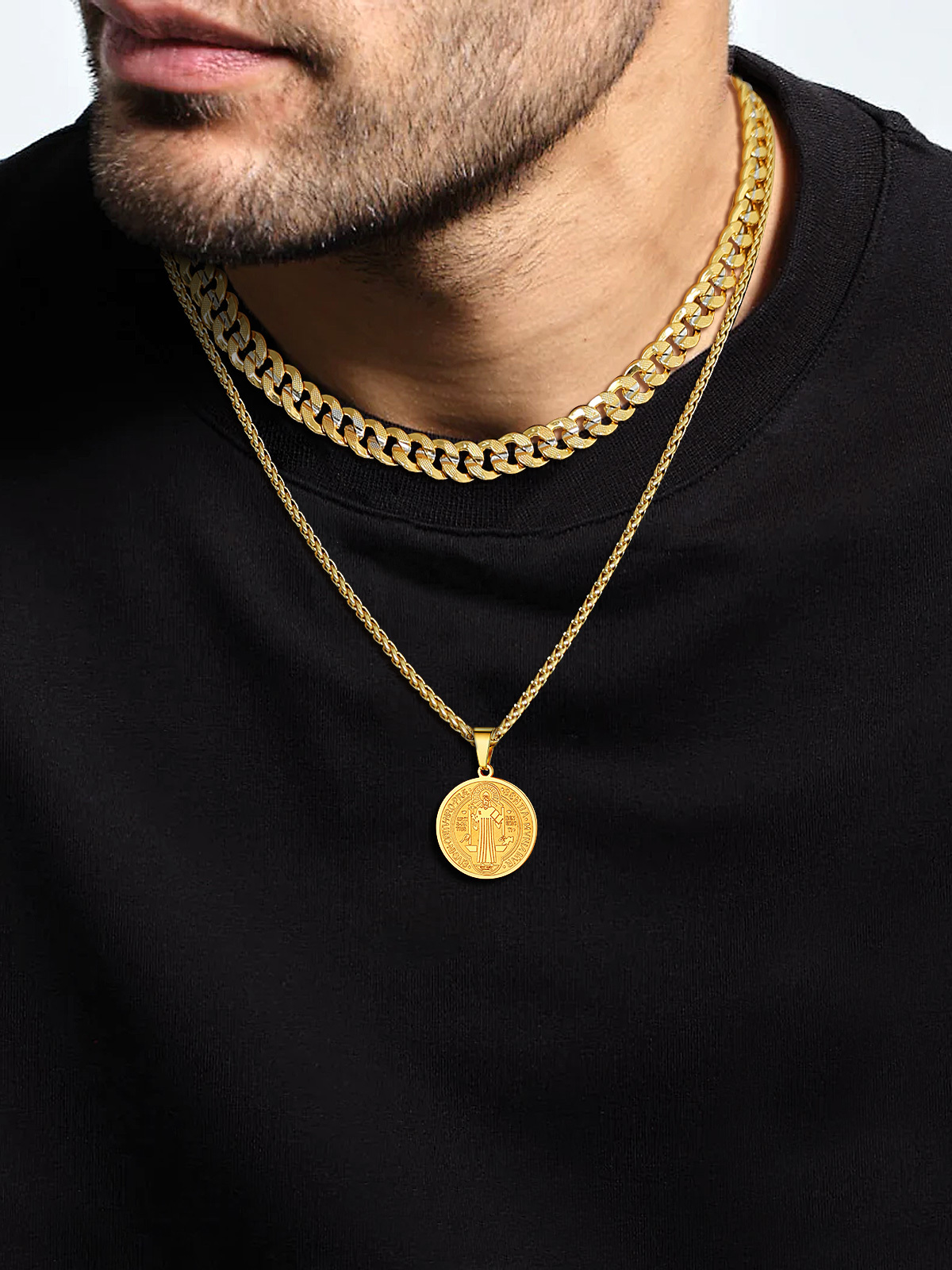 Saint Benedict Pendant Round Coin Medal Necklace in 18K Gold