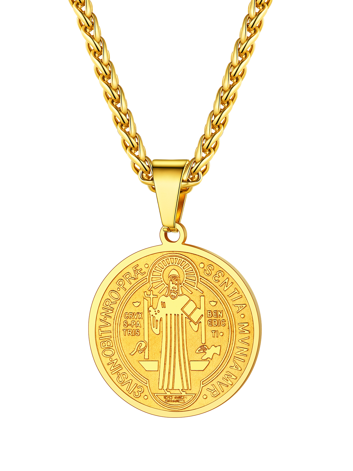 Saint Benedict Pendant Round Coin Medal Necklace in 18K Gold