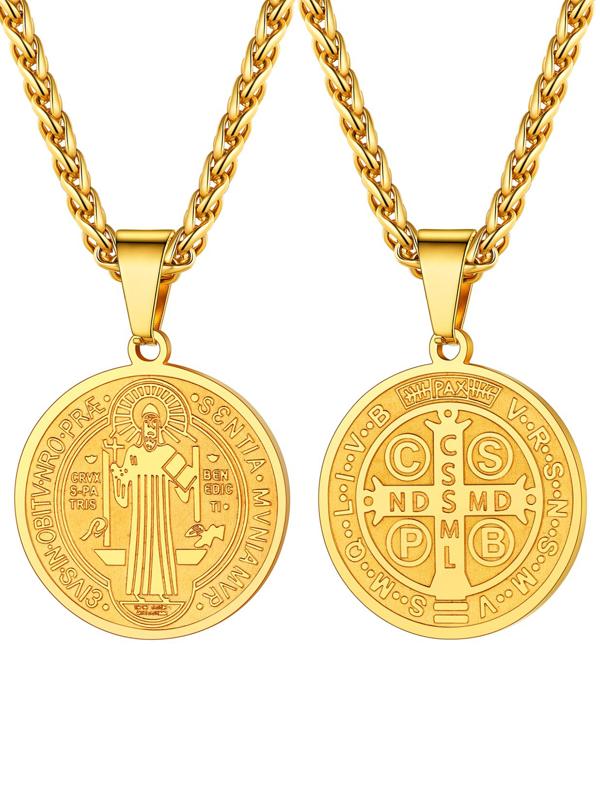 Saint Benedict Pendant Round Coin Medal Necklace in 18K Gold