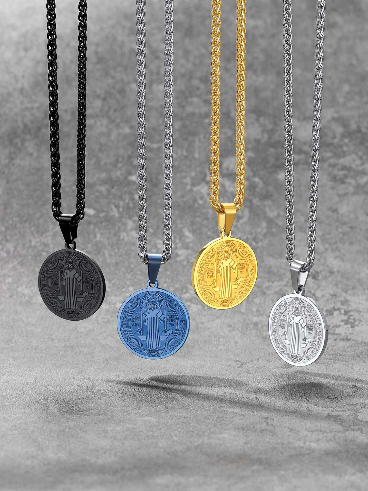 Saint Benedict Pendant Round Coin Medal Necklace in Black