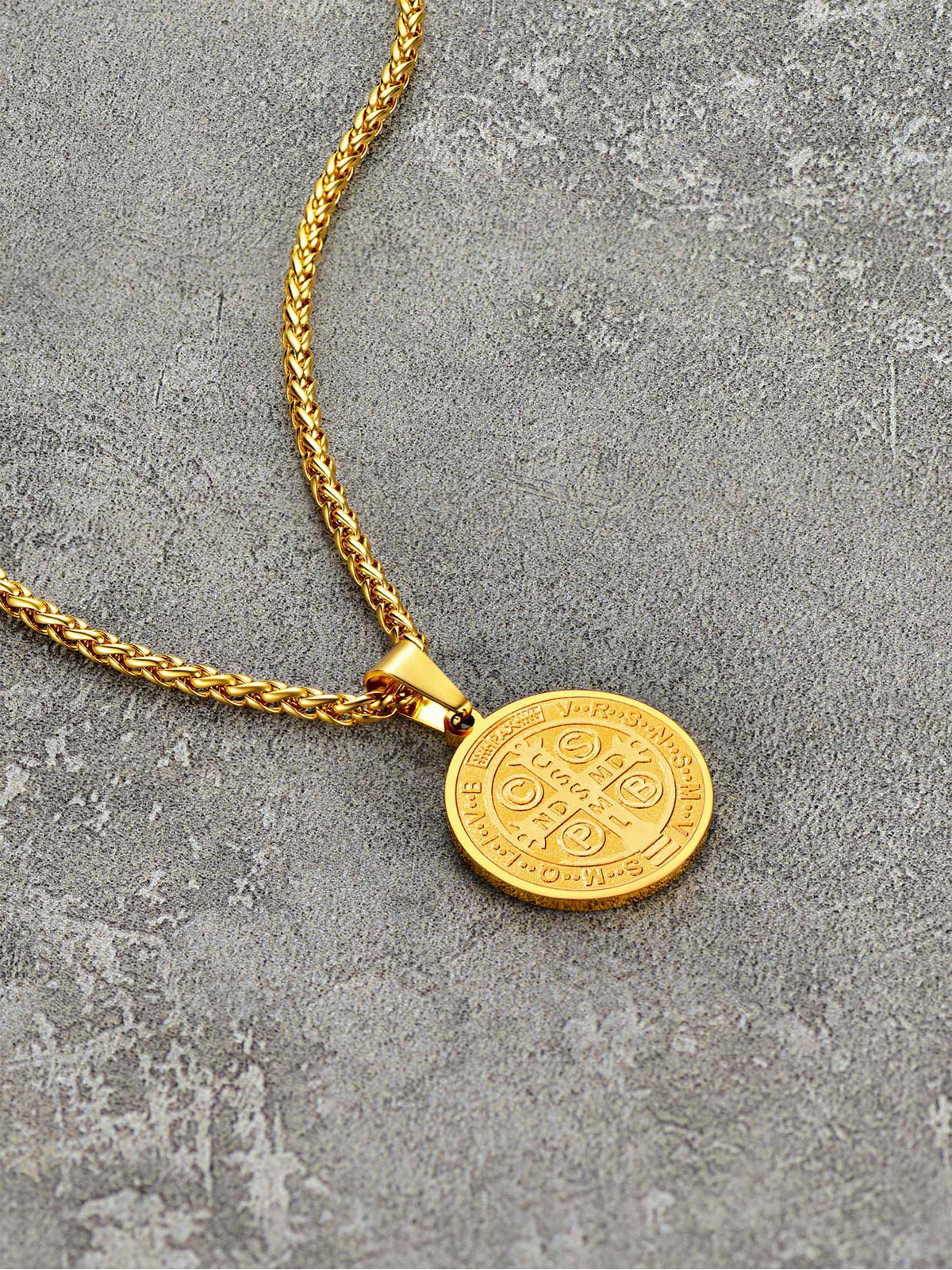 Saint Benedict Pendant Round Coin Medal Necklace in 18K Gold