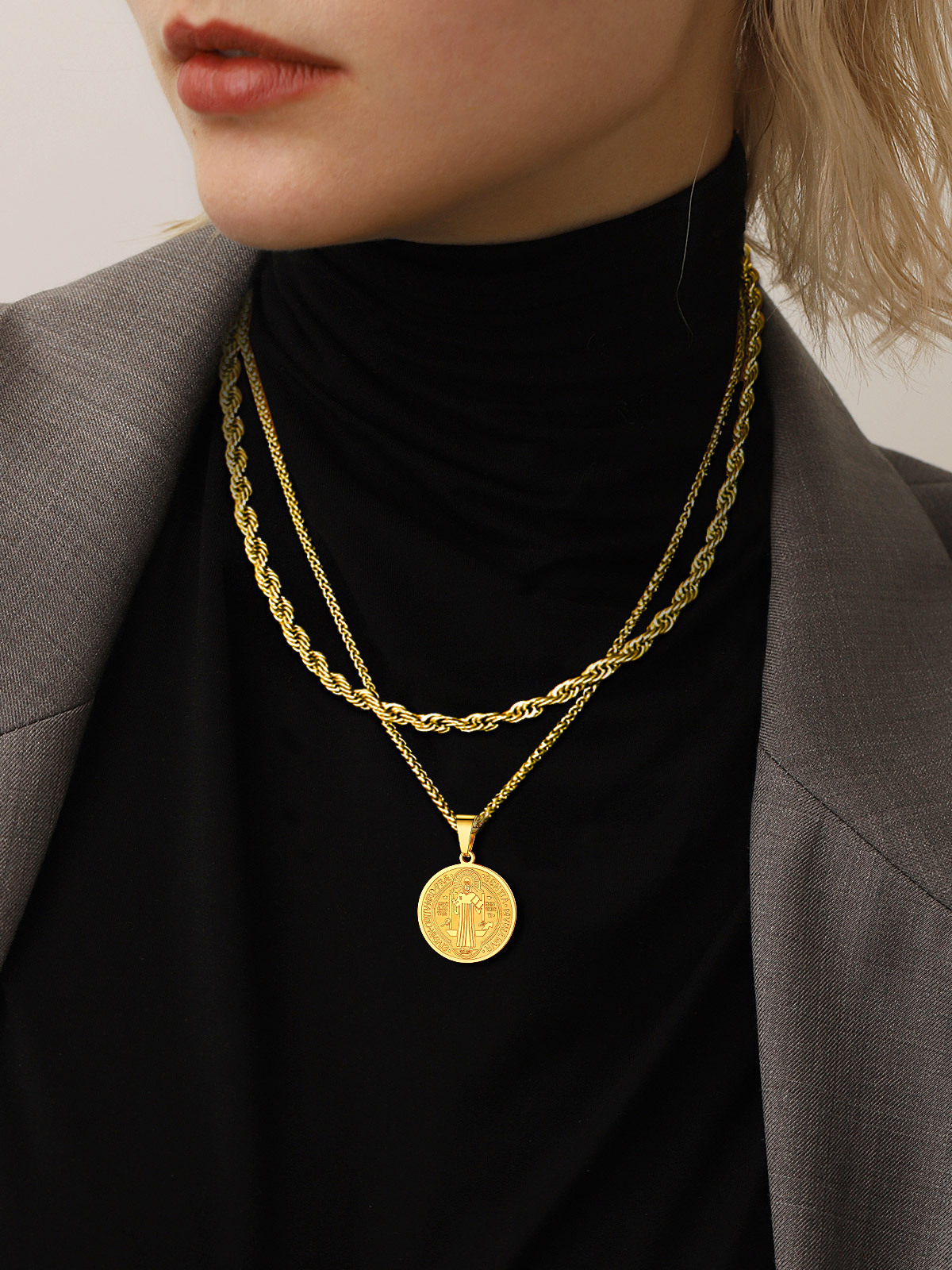 Saint Benedict Pendant Round Coin Medal Necklace in 18K Gold