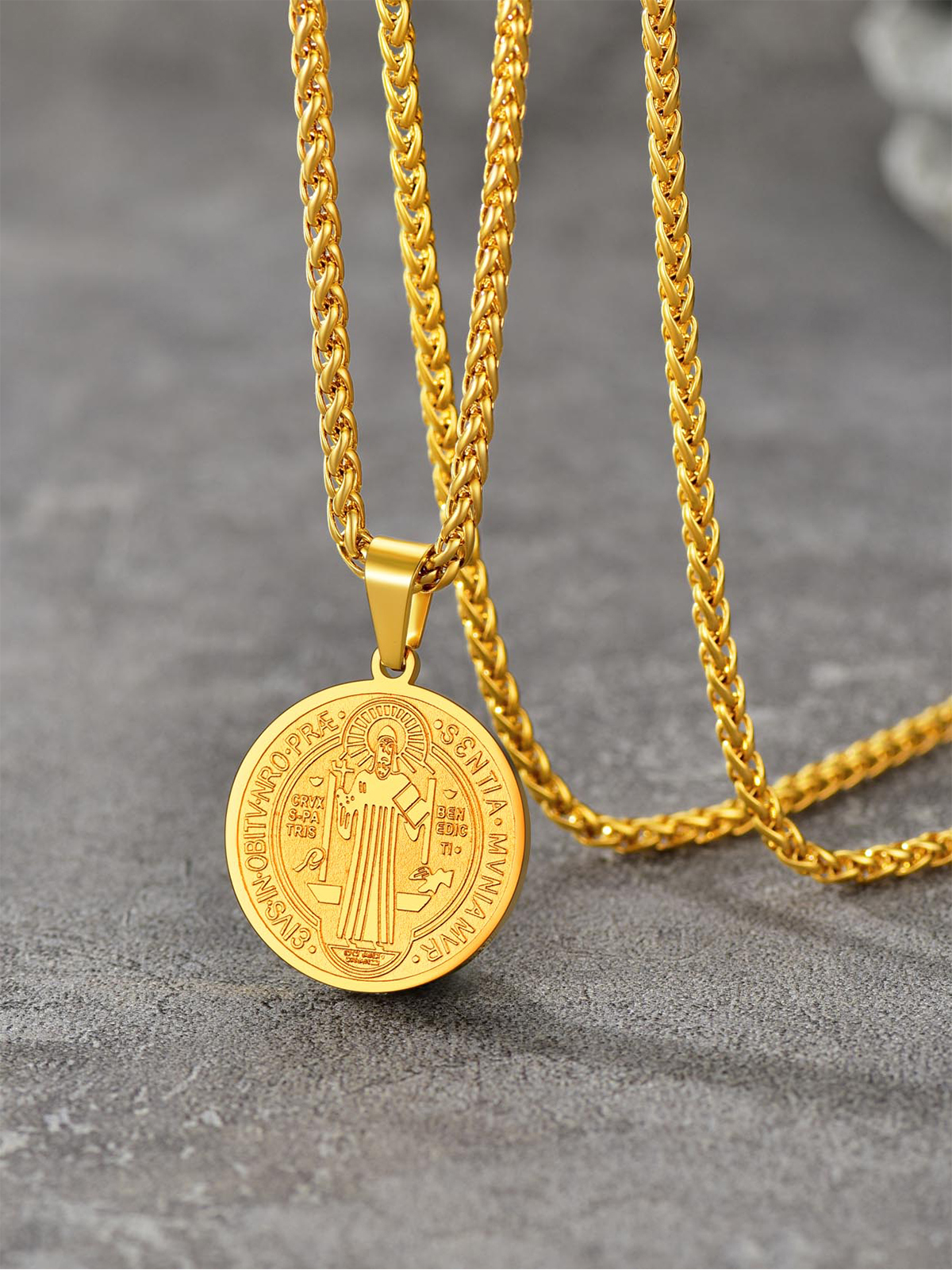 Saint Benedict Pendant Round Coin Medal Necklace in 18K Gold