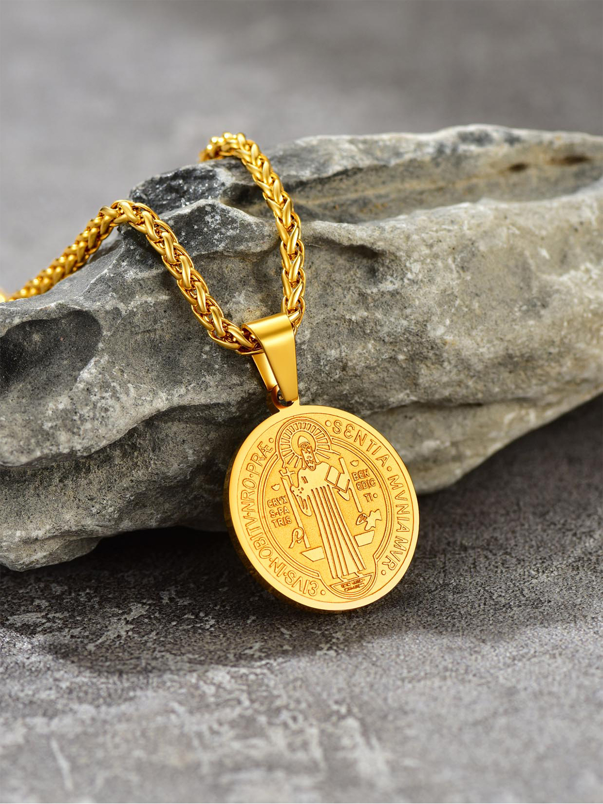 Saint Benedict Pendant Round Coin Medal Necklace in 18K Gold