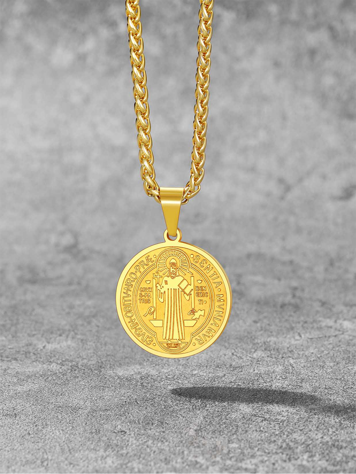 Saint Benedict Pendant Round Coin Medal Necklace in 18K Gold