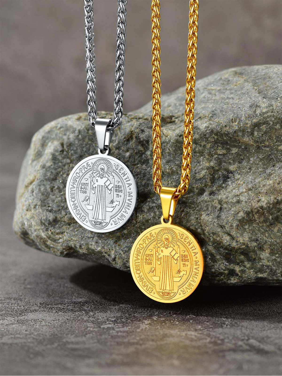 Saint Benedict Pendant Round Coin Medal Necklace in 18K Gold
