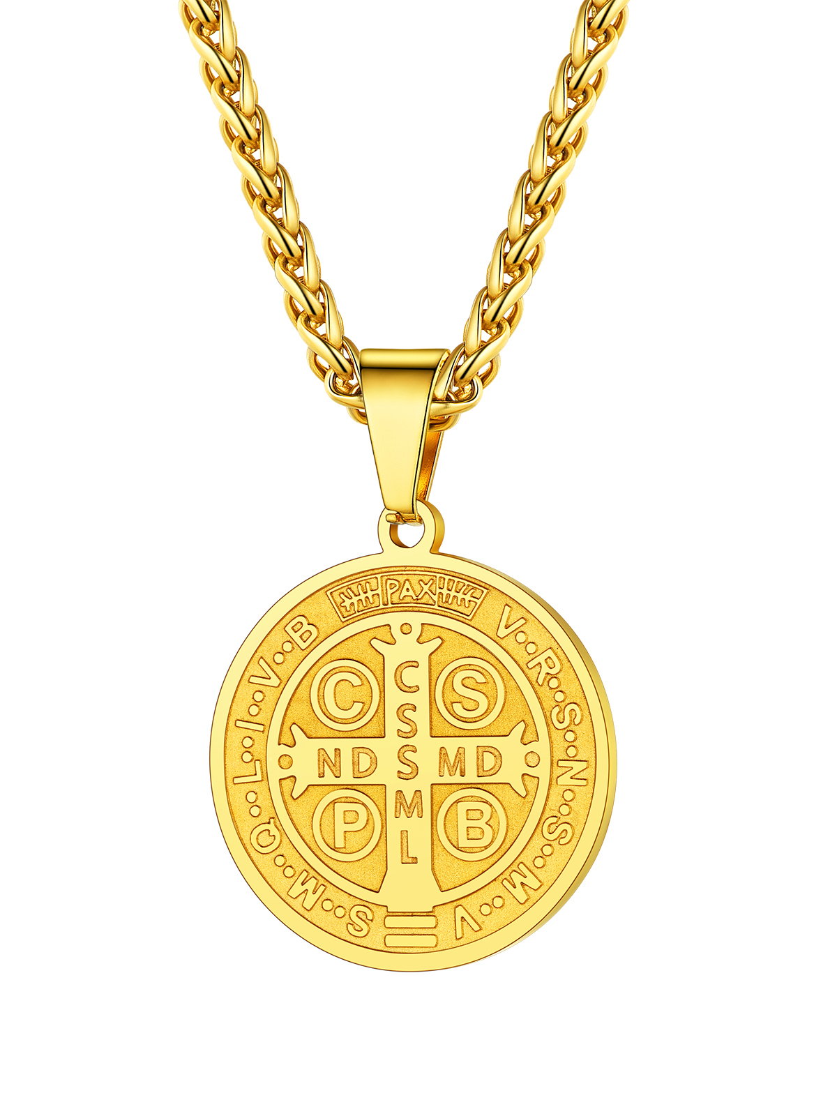 Saint Benedict Pendant Round Coin Medal Necklace in 18K Gold