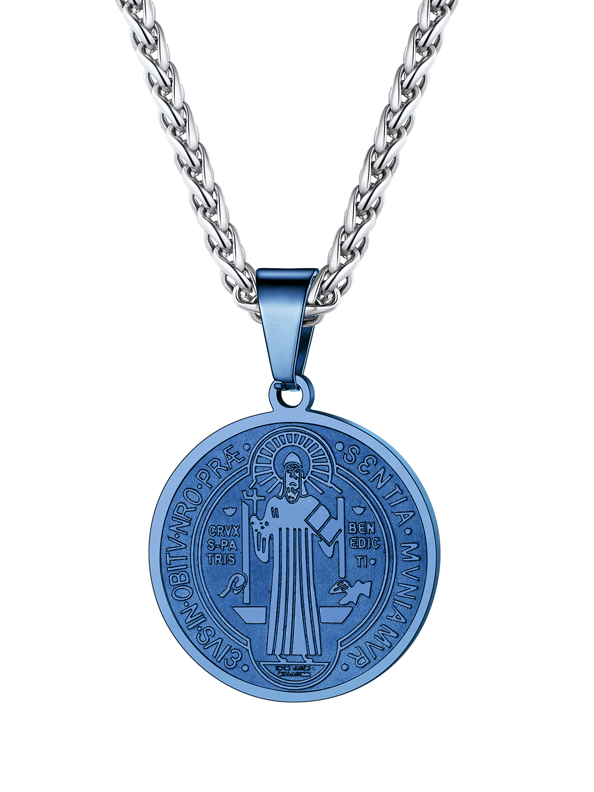 Saint Benedict Pendant Round Coin Medal Necklace in Blue