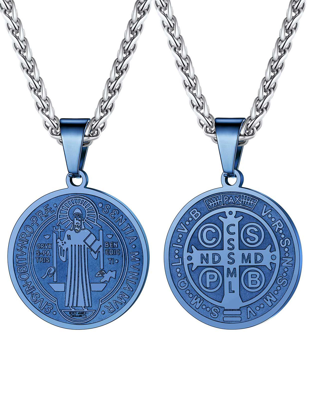 Saint Benedict Pendant Round Coin Medal Necklace in Blue