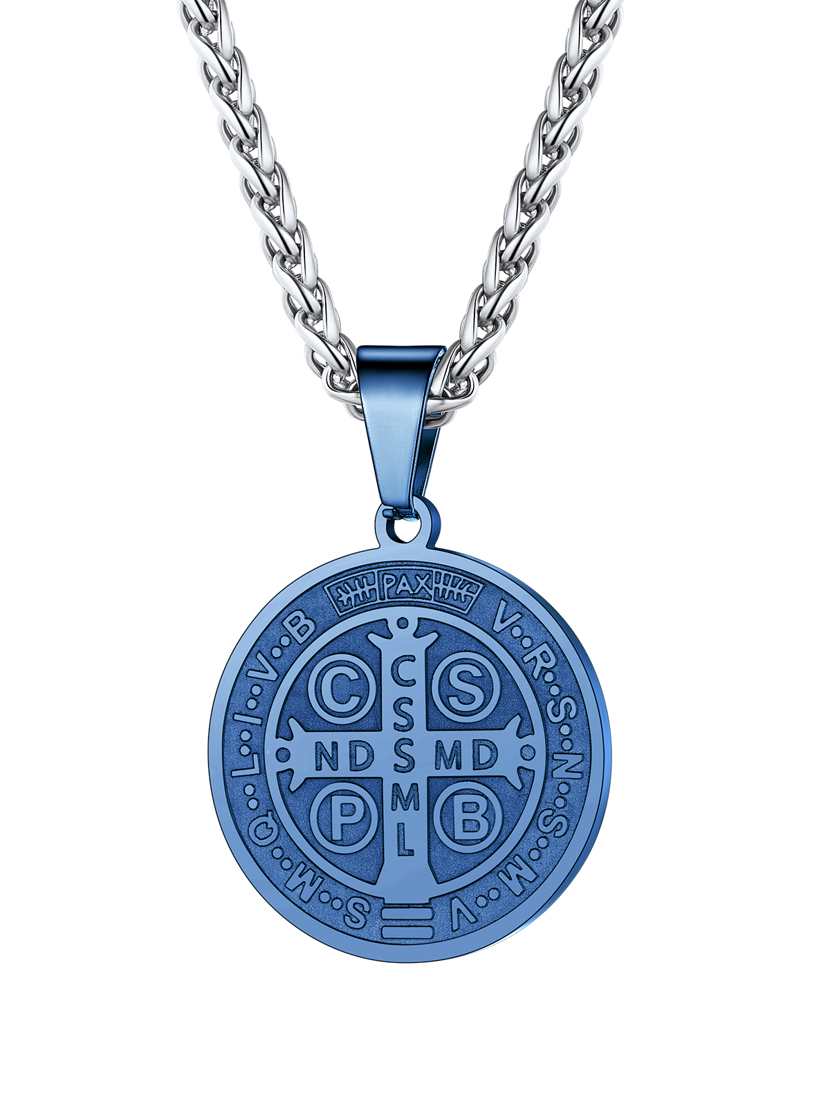 Saint Benedict Pendant Round Coin Medal Necklace in Blue