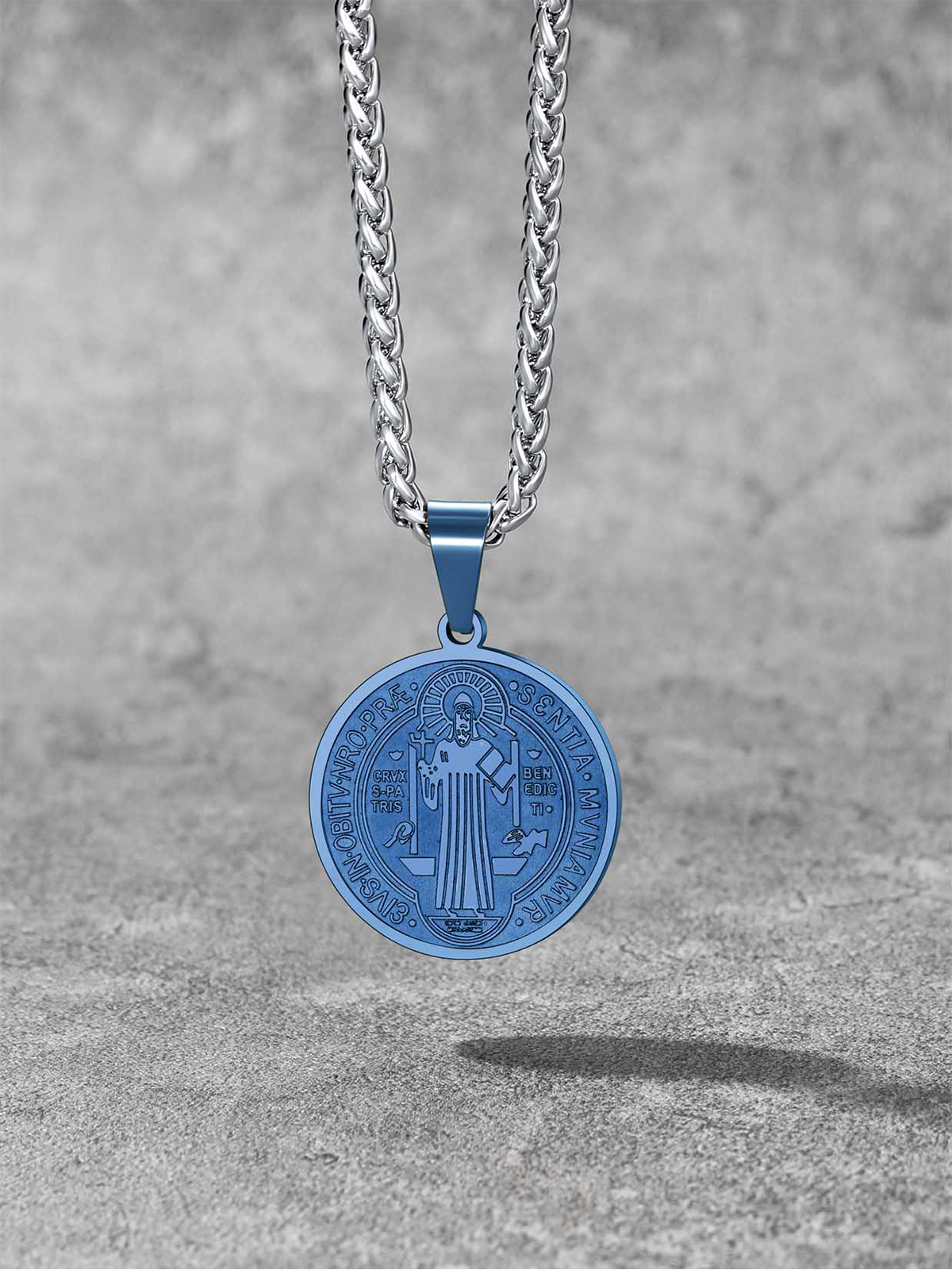 Saint Benedict Pendant Round Coin Medal Necklace in Blue