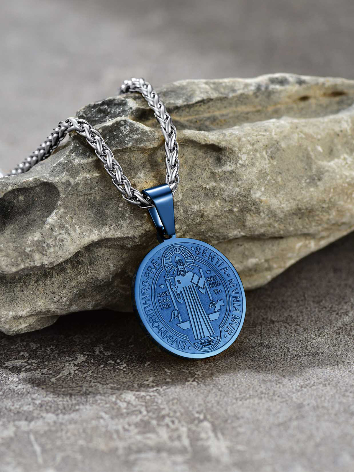 Saint Benedict Pendant Round Coin Medal Necklace in Blue