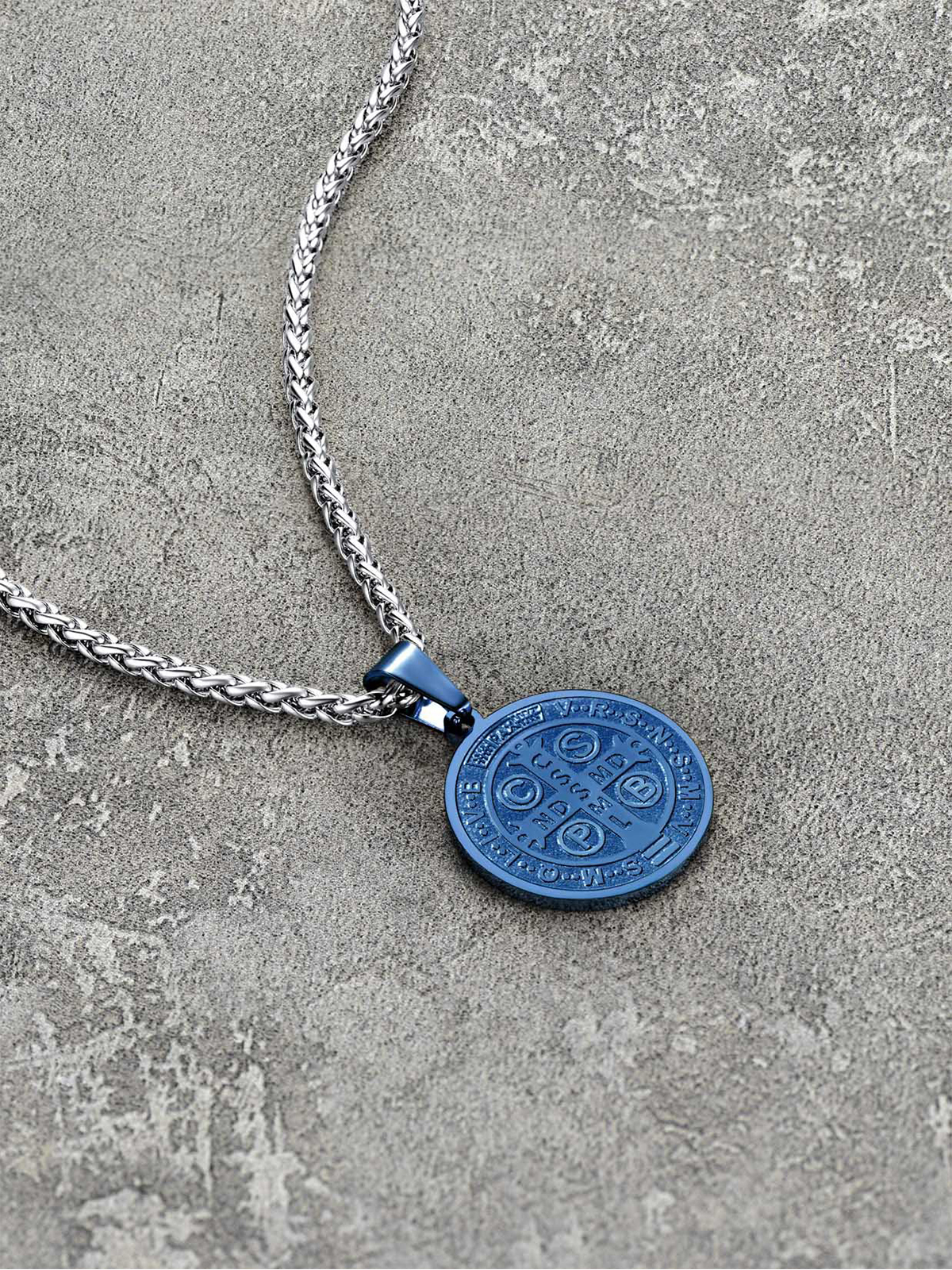 Saint Benedict Pendant Round Coin Medal Necklace in Blue