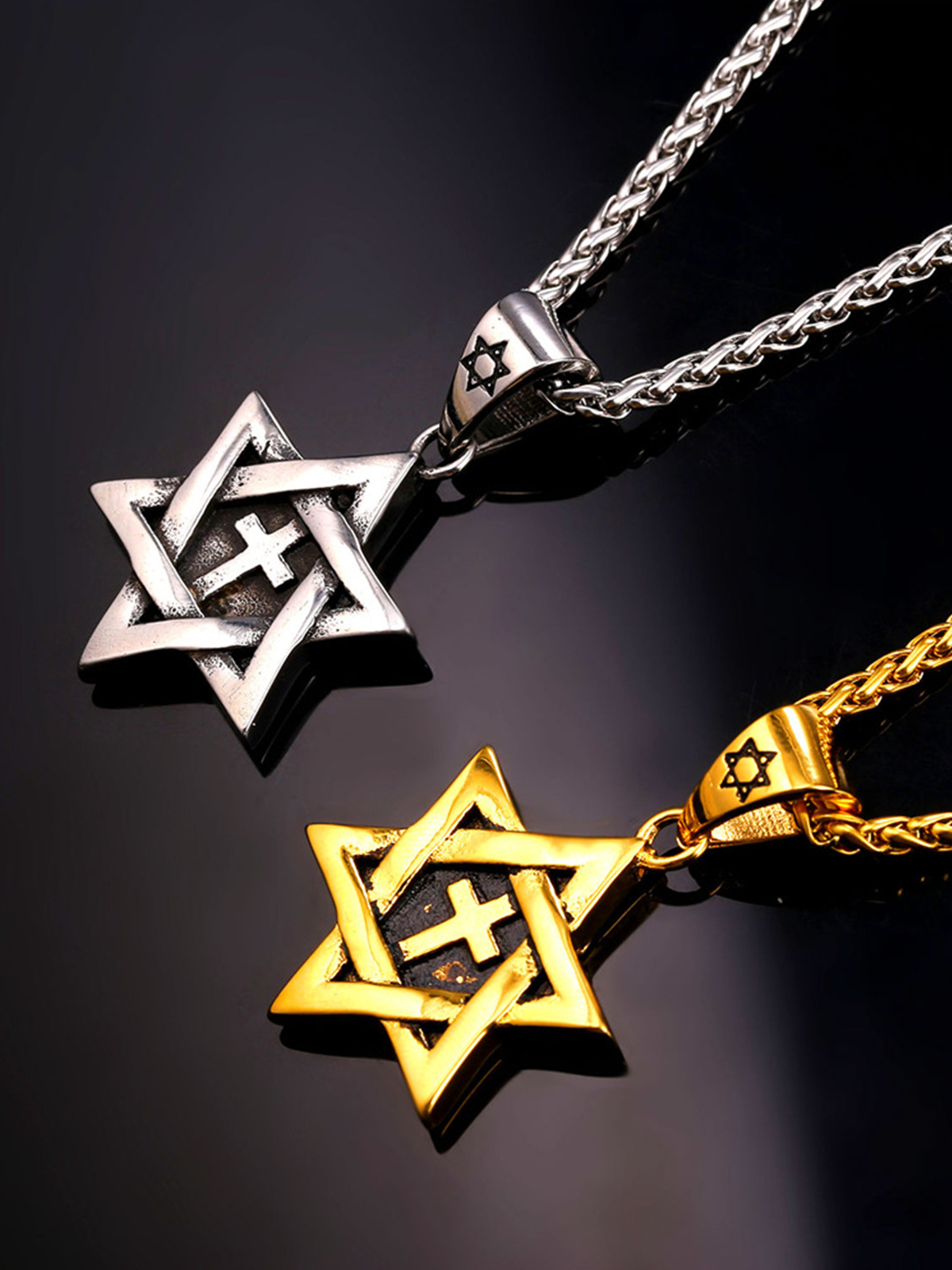 Cross Star of David Pendant Israel Necklace in Stainless