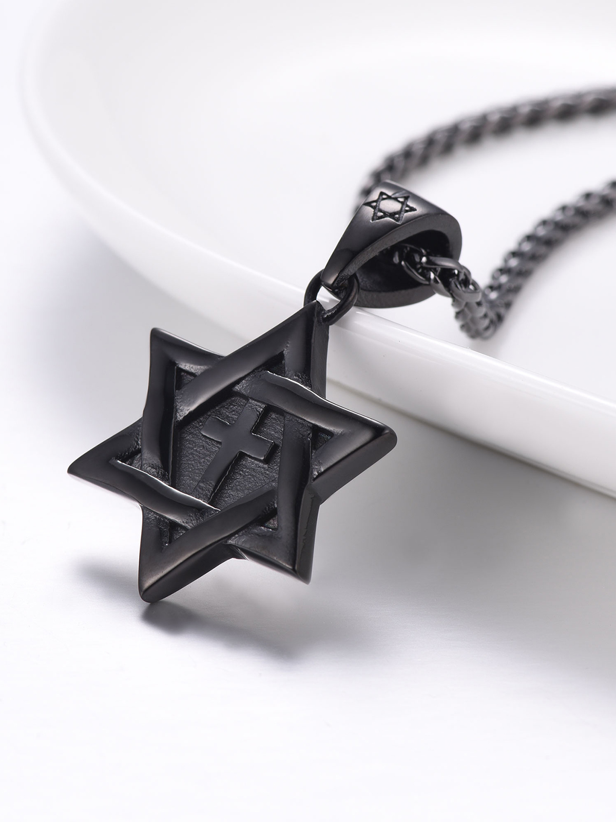 Cross Star of David Pendant Israel Necklace in Black