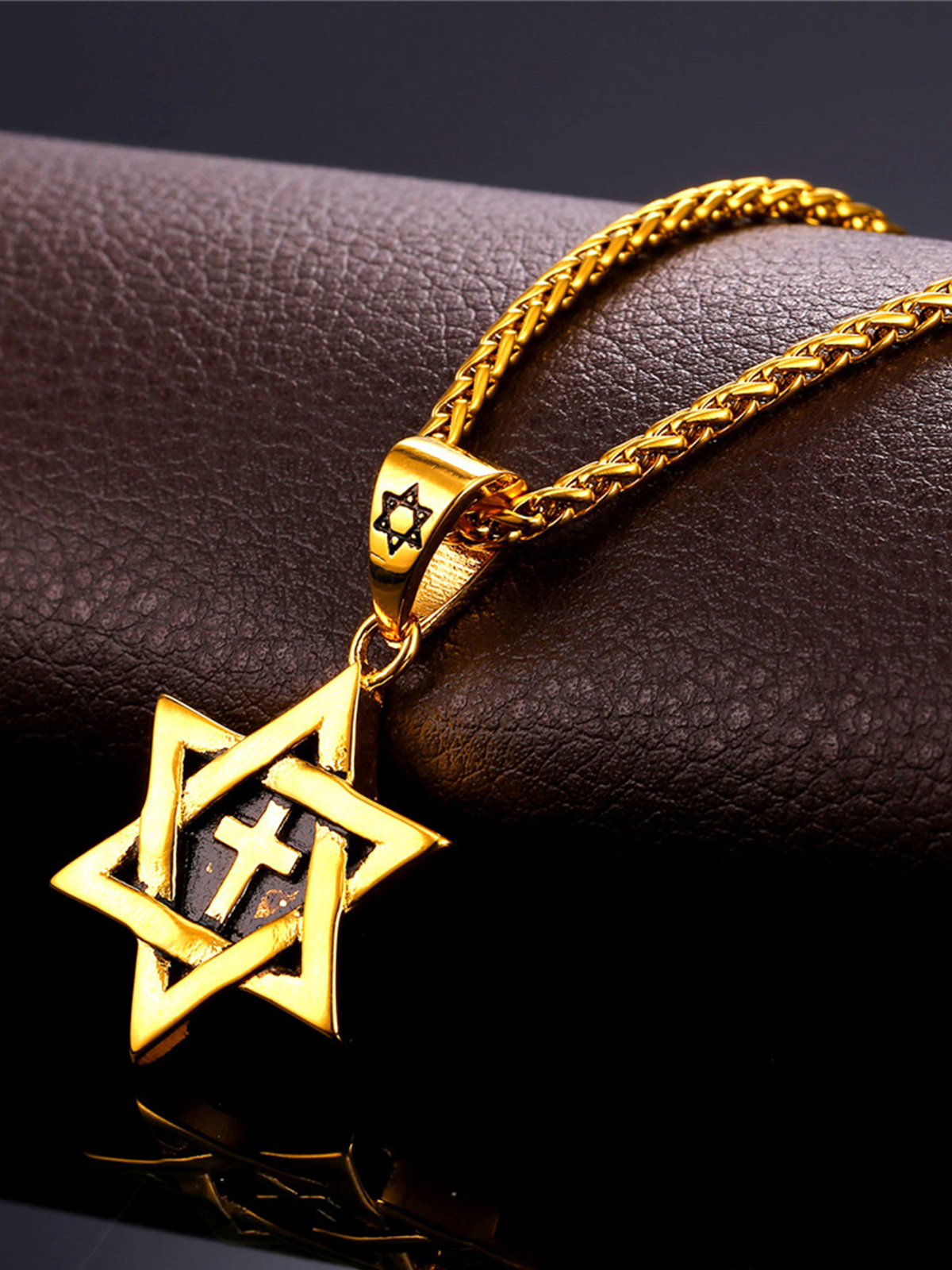 Cross Star of David Pendant Israel Necklace in 18K Gold