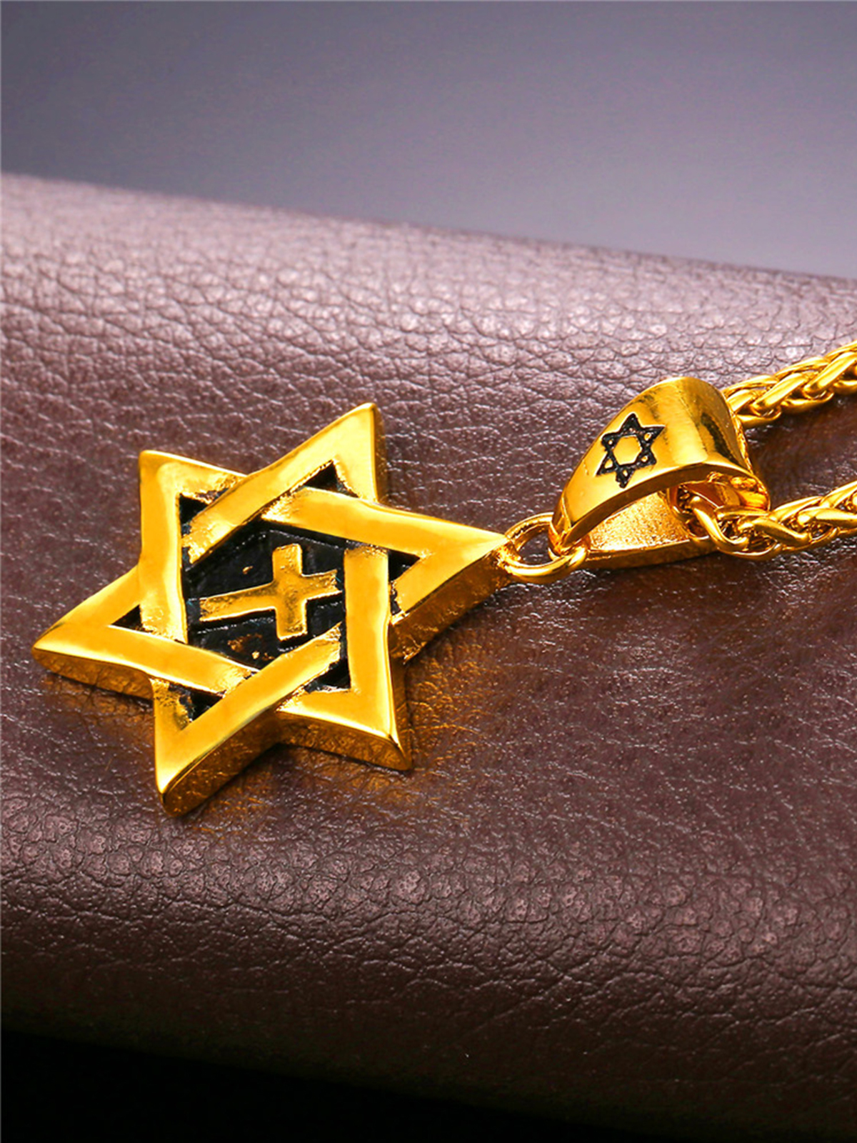 Cross Star of David Pendant Israel Necklace in 18K Gold