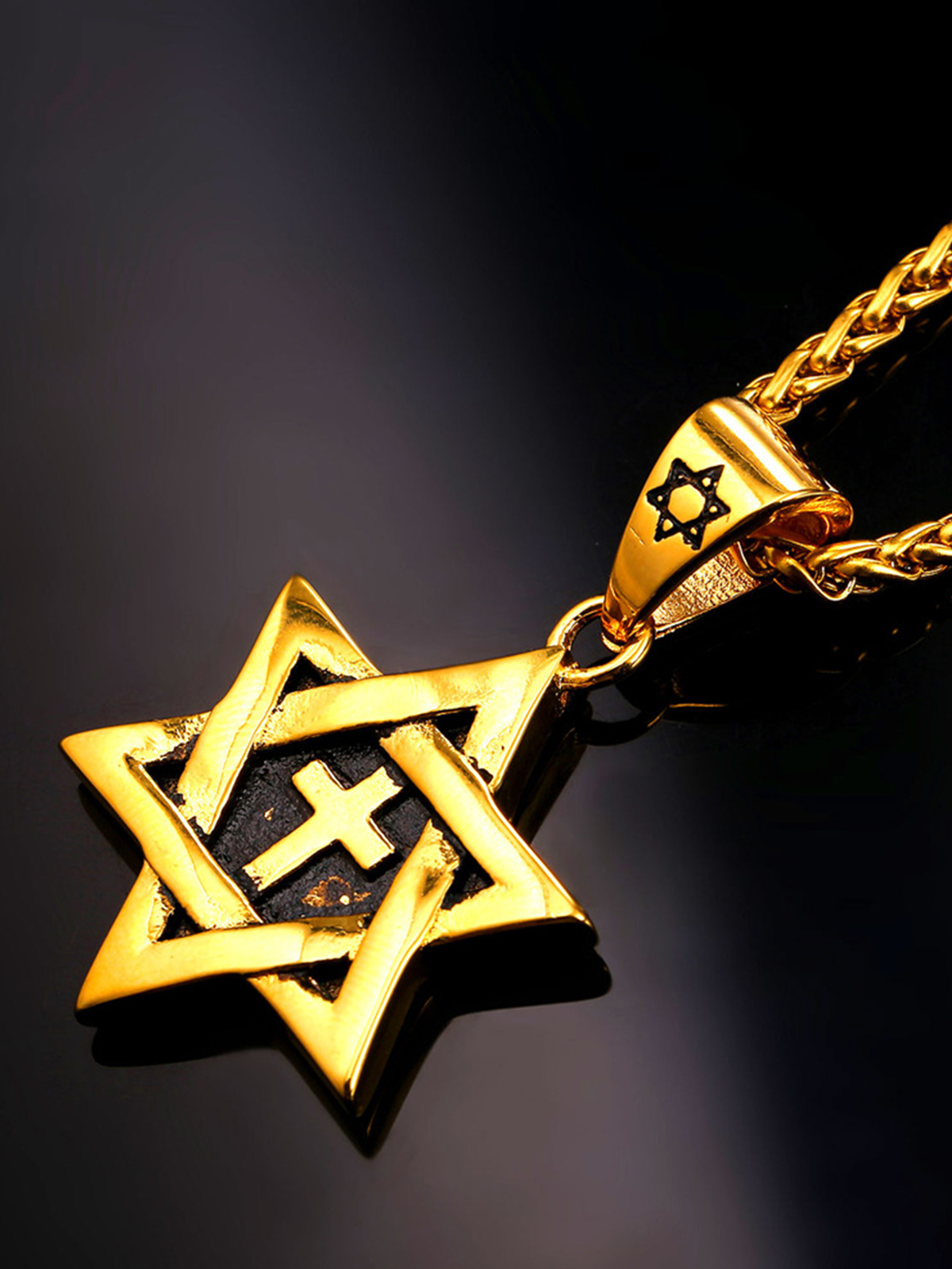 Cross Star of David Pendant Israel Necklace in 18K Gold