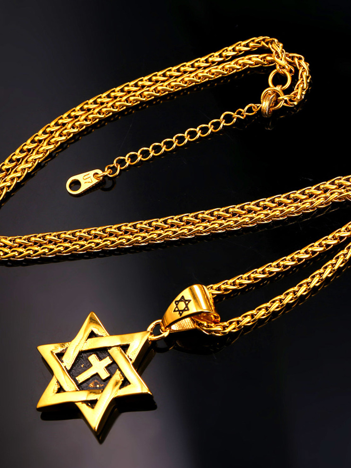 Cross Star of David Pendant Israel Necklace in 18K Gold