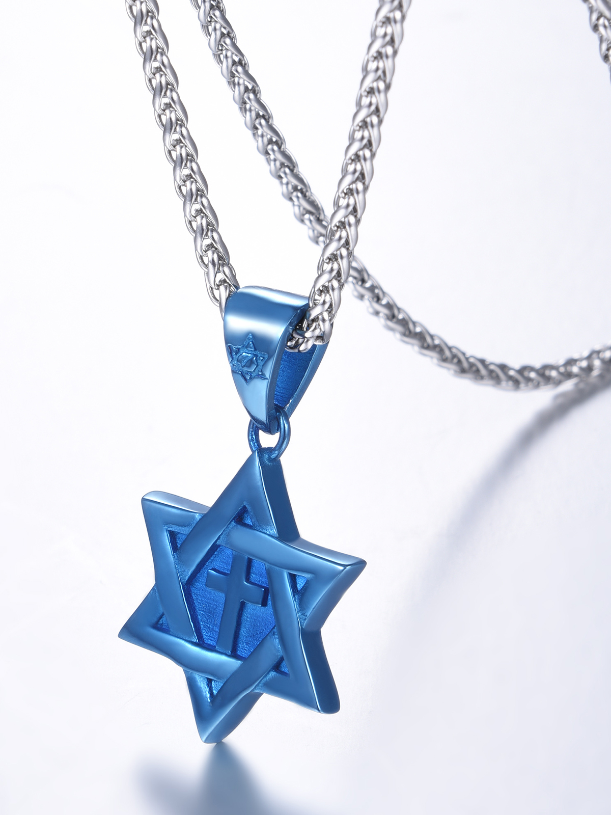Cross Star of David Pendant Israel Necklace in Blue