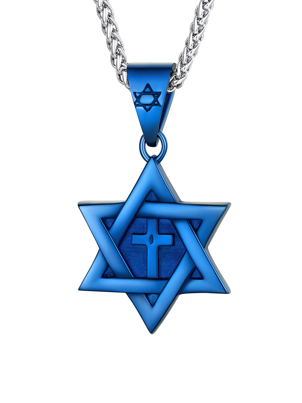 Cross Star of David Pendant Israel Necklace in Blue
