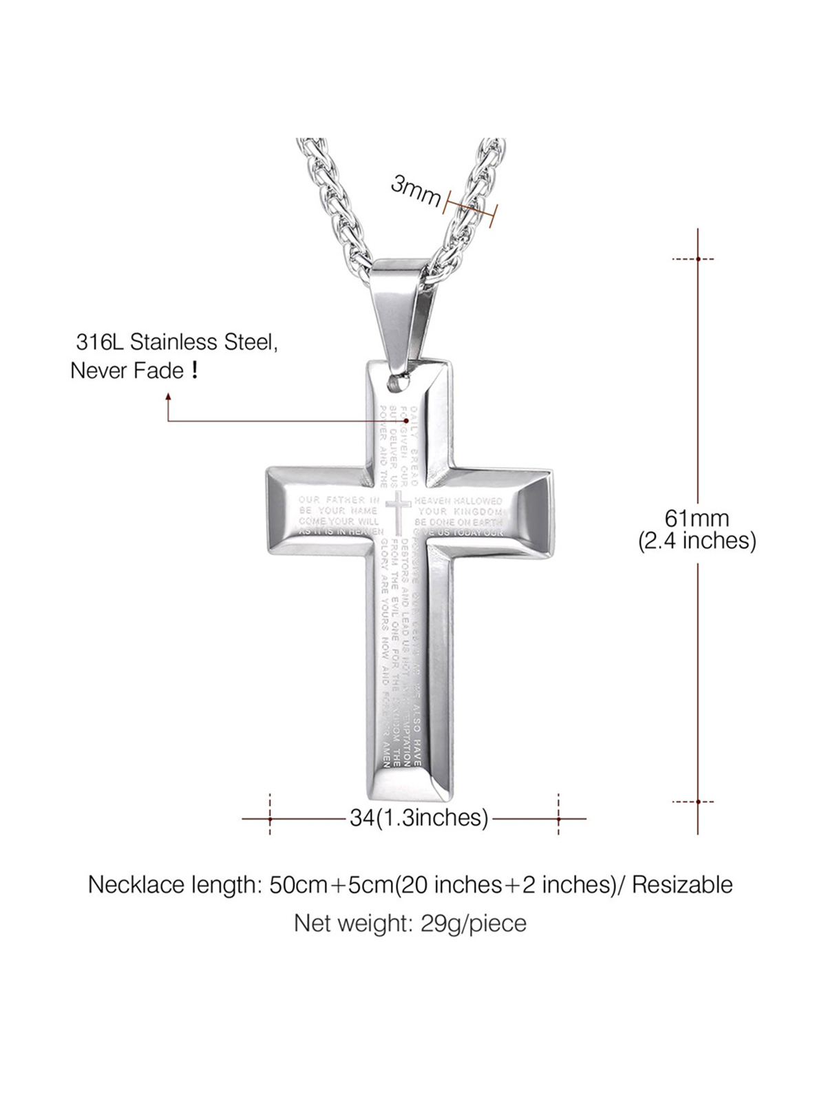 Cross Pendant Matthew Bible Verse Necklace in Stainless