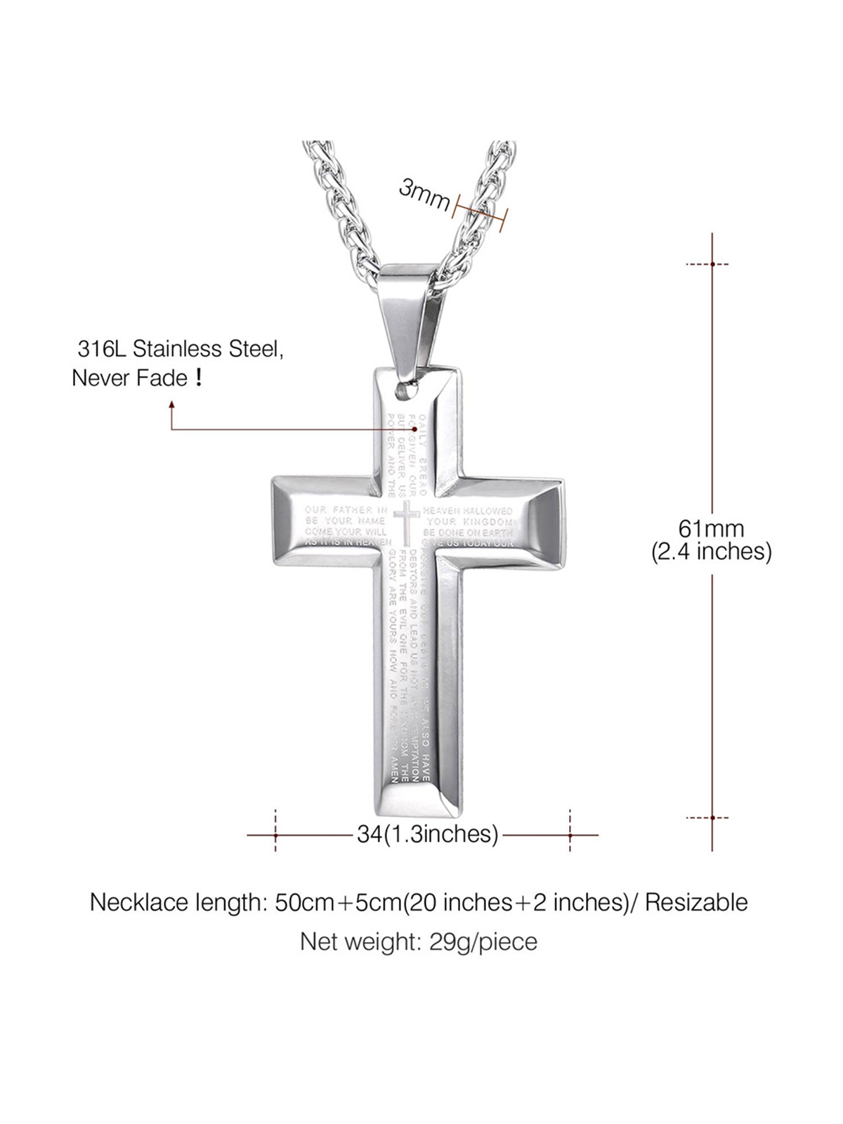 Cross Pendant Matthew Bible Verse Necklace in Stainless