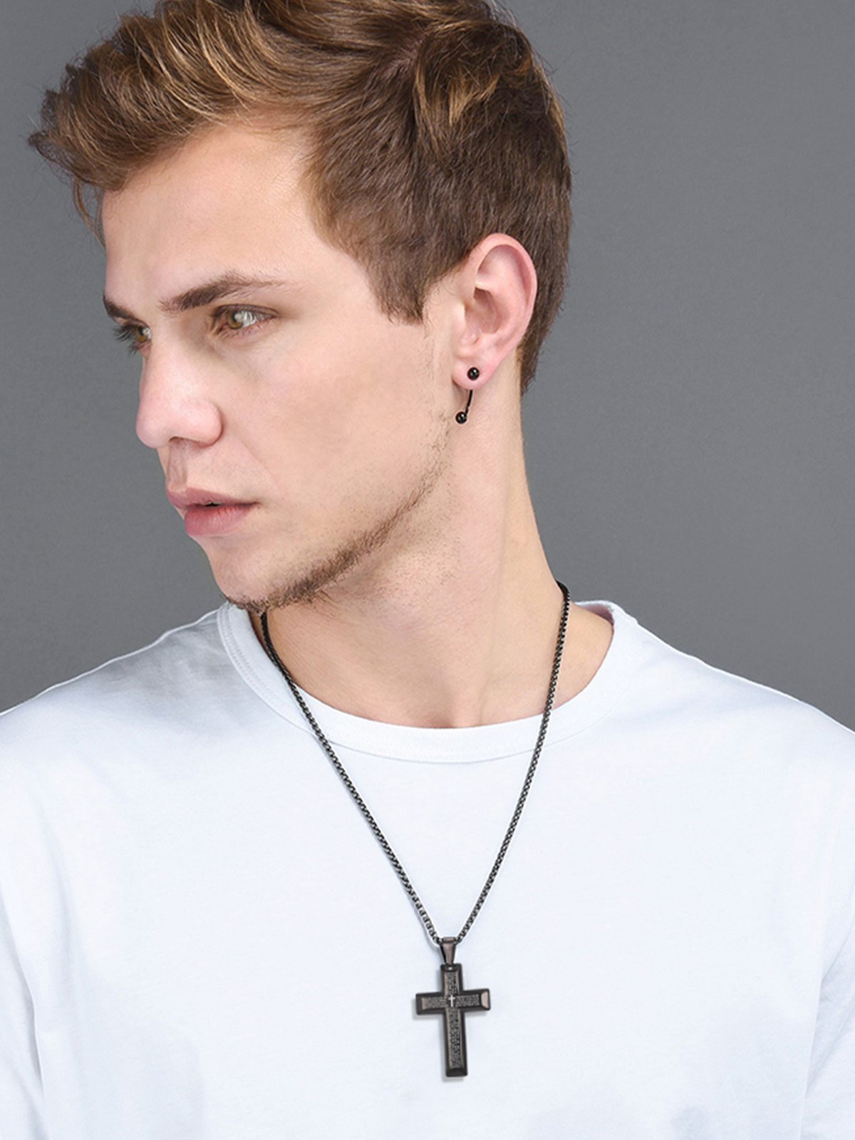 Cross Pendant Matthew Bible Verse Necklace in Black Plated