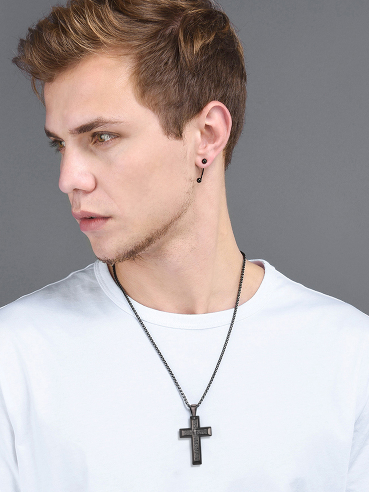 Cross Pendant Matthew Bible Verse Necklace in Black Plated