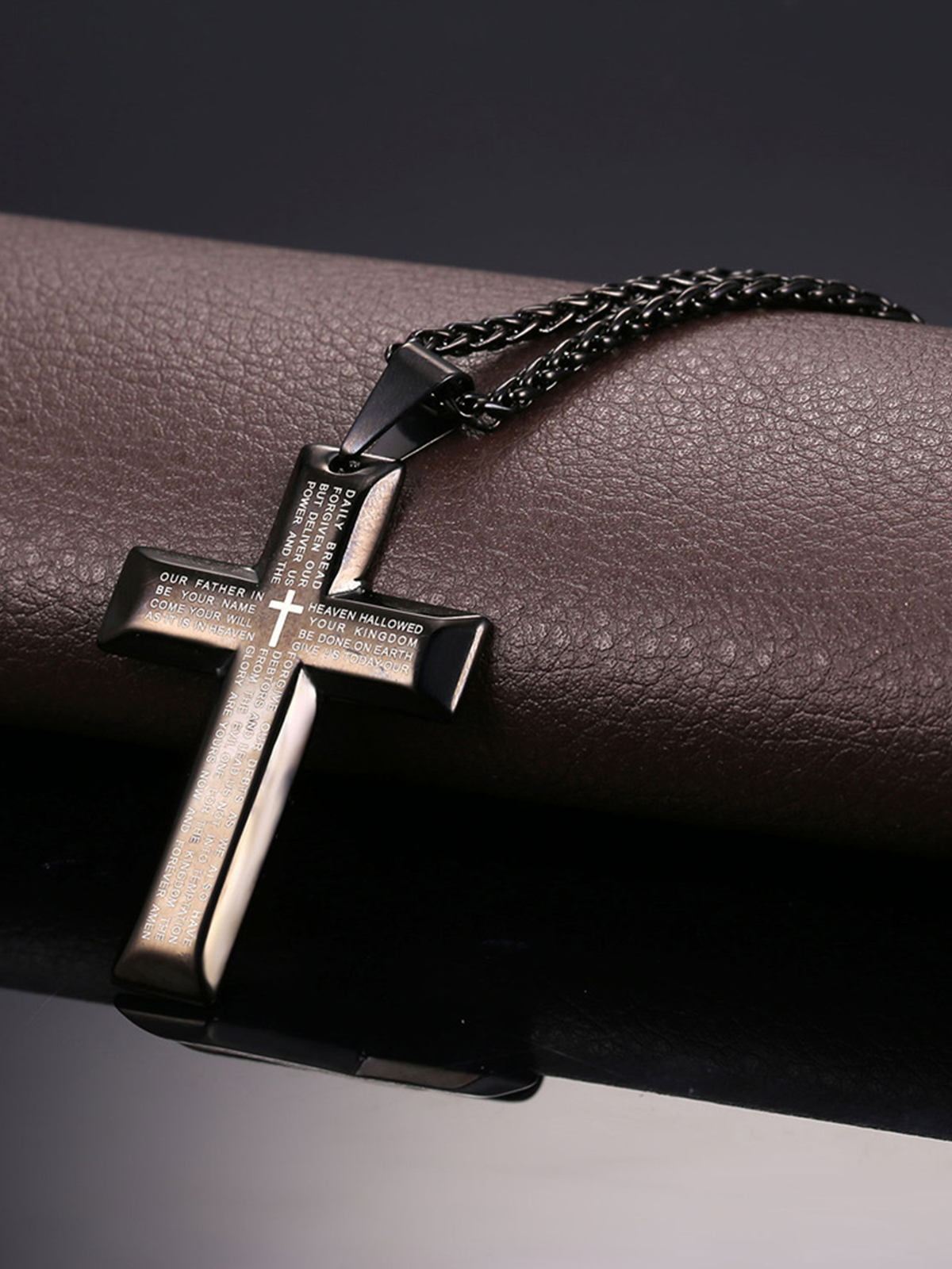 Cross Pendant Matthew Bible Verse Necklace in Black Plated