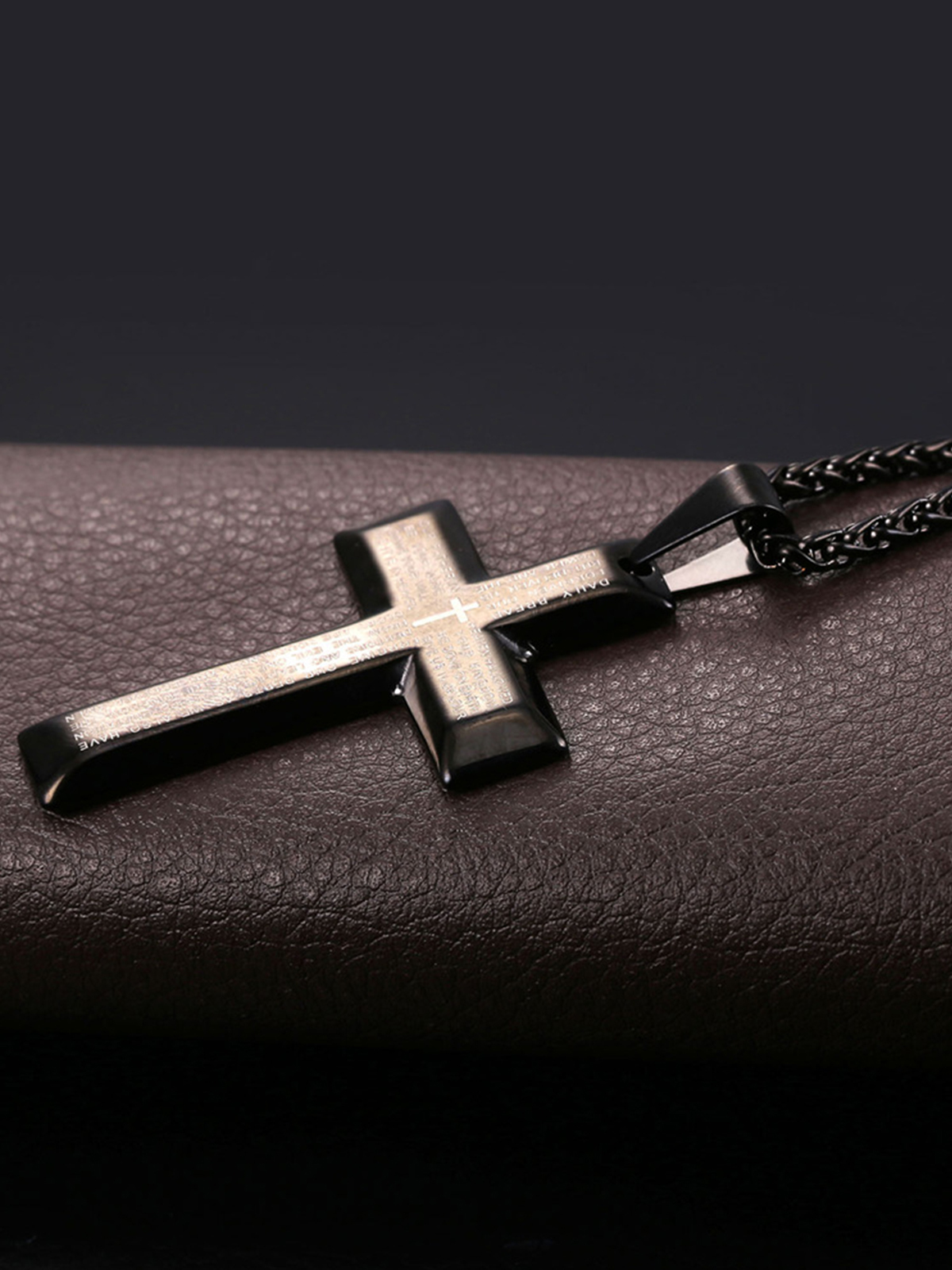 Cross Pendant Matthew Bible Verse Necklace in Black Plated