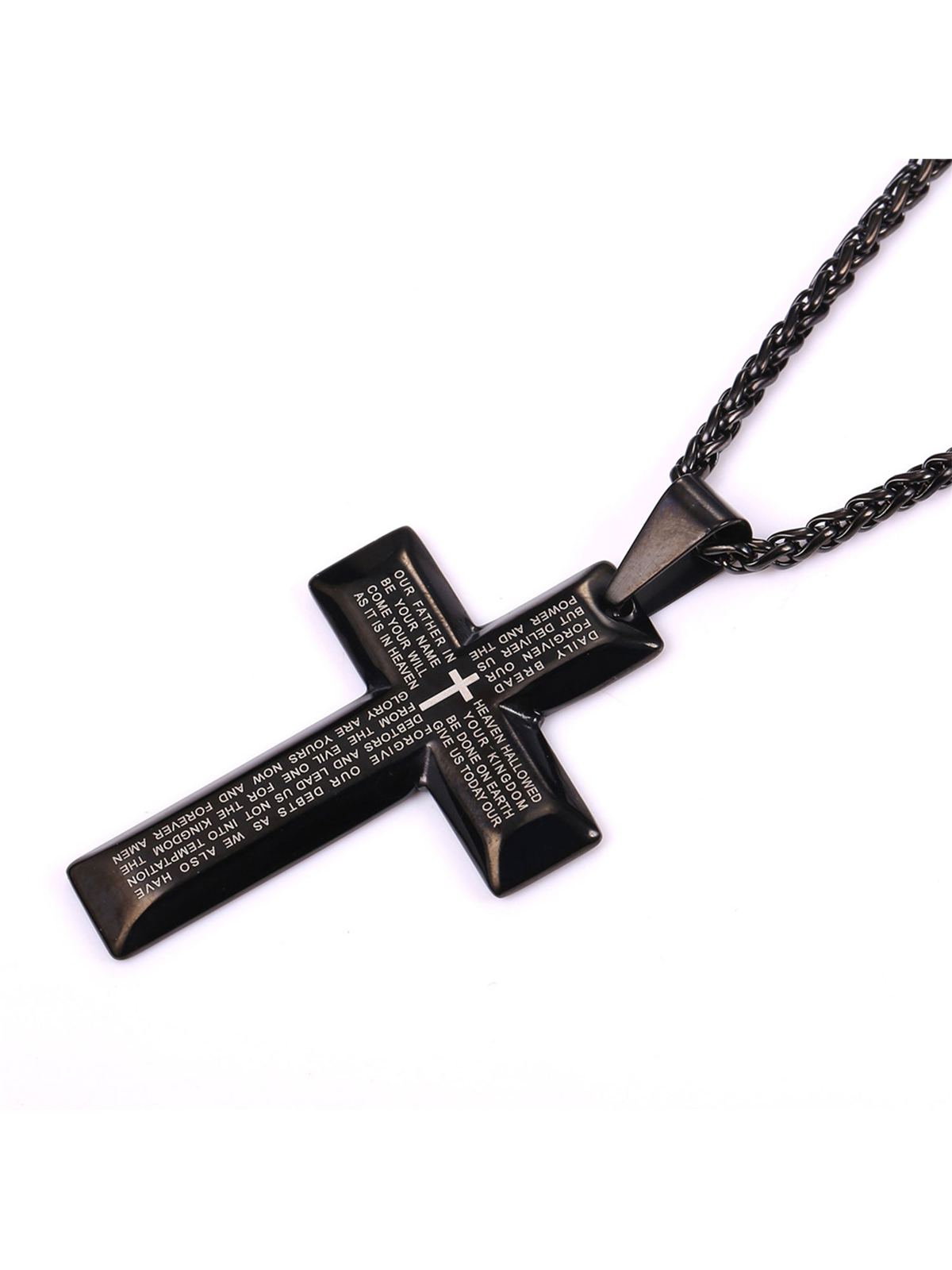 Cross Pendant Matthew Bible Verse Necklace in Black Plated