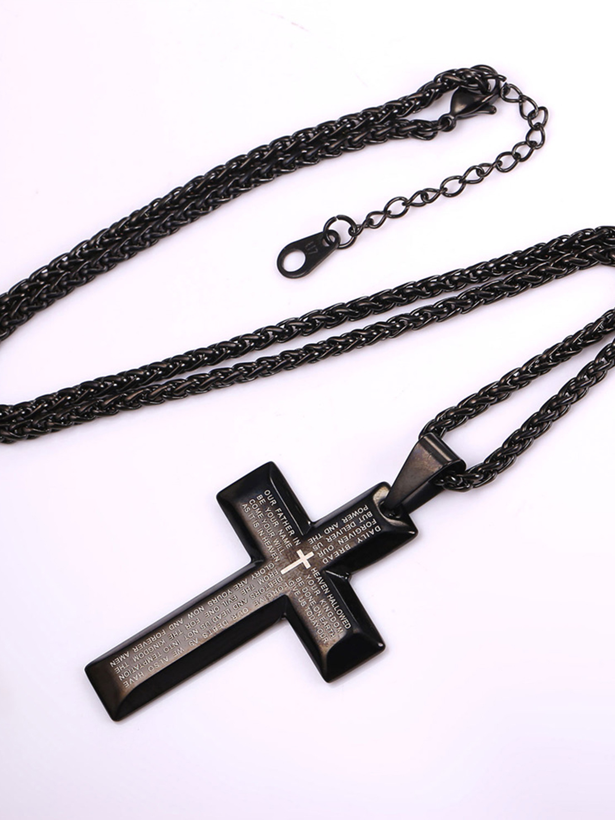 Cross Pendant Matthew Bible Verse Necklace in Black Plated