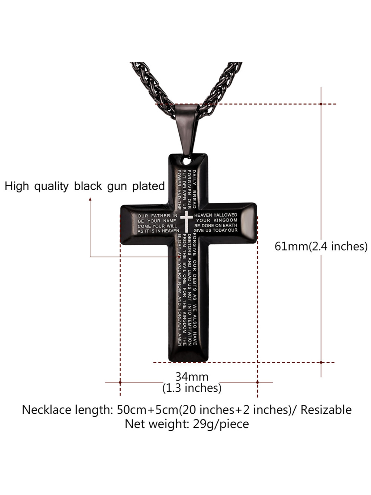 Cross Pendant Matthew Bible Verse Necklace in Black Plated