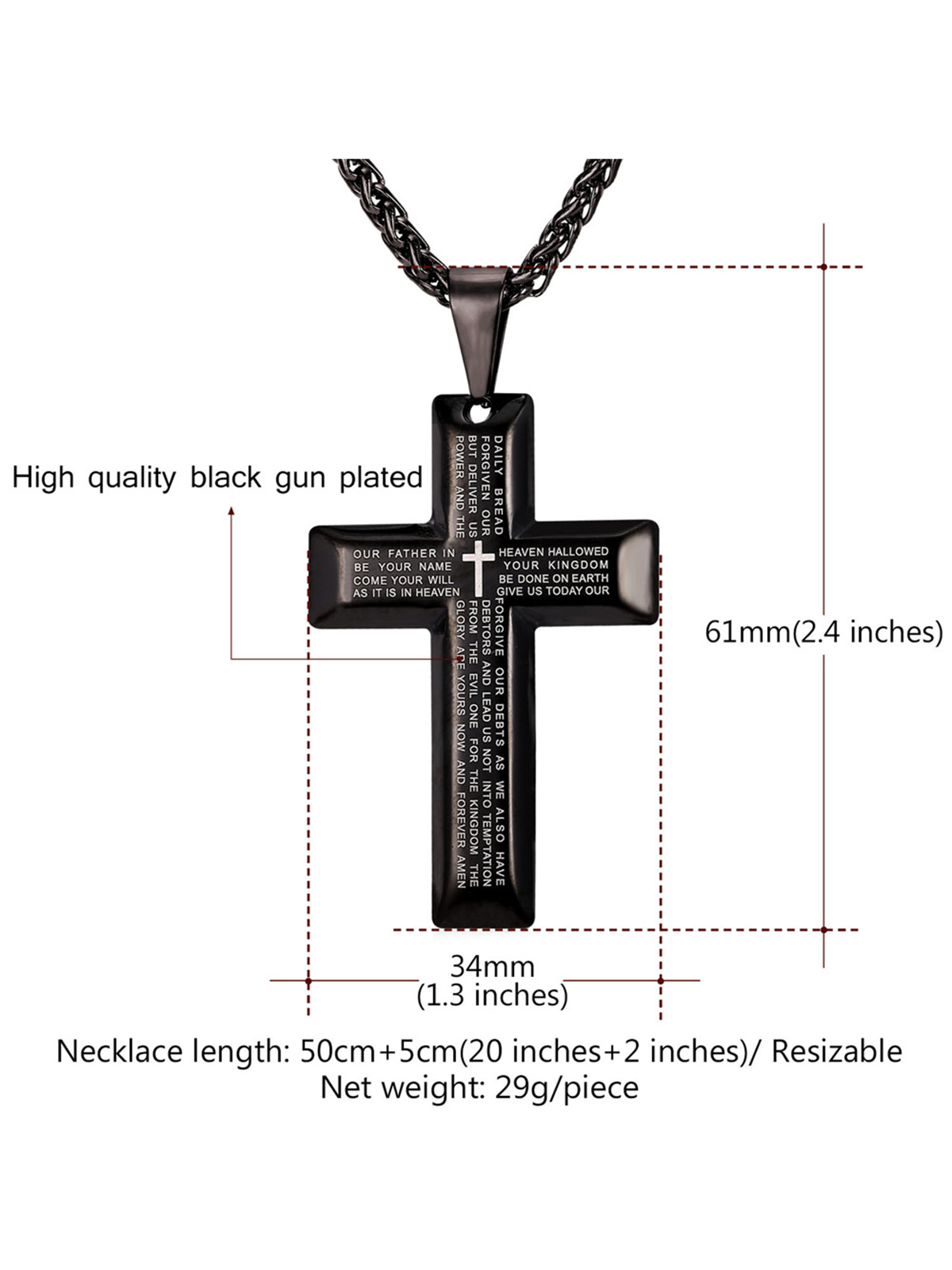 Cross Pendant Matthew Bible Verse Necklace in Black Plated