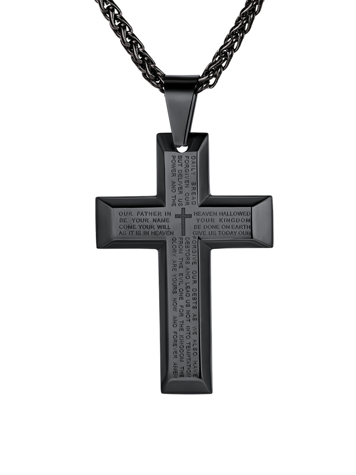 Cross Pendant Matthew Bible Verse Necklace in Black Plated