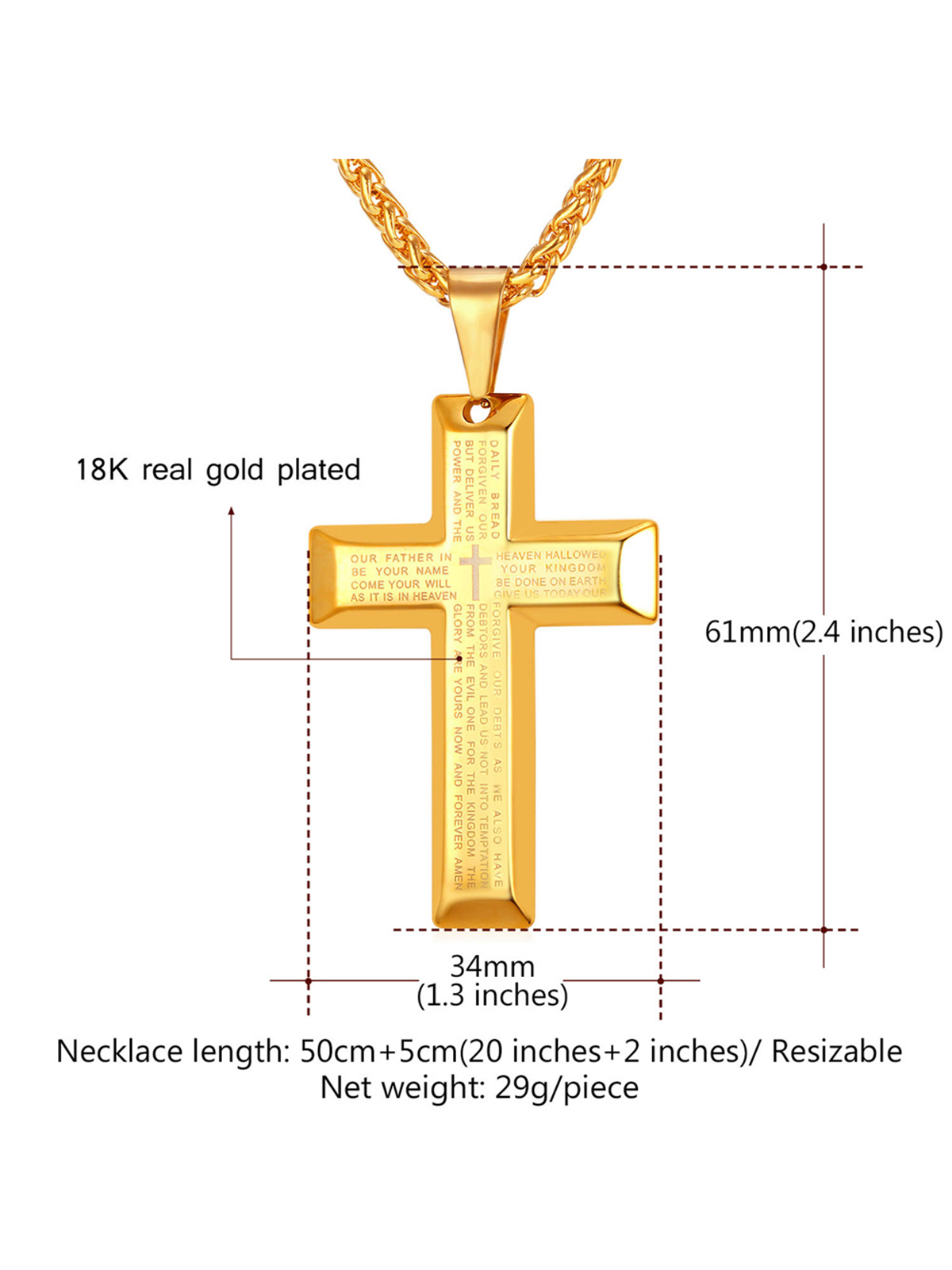 Cross Pendant Matthew Bible Verse Necklace in 18K Gold Plated