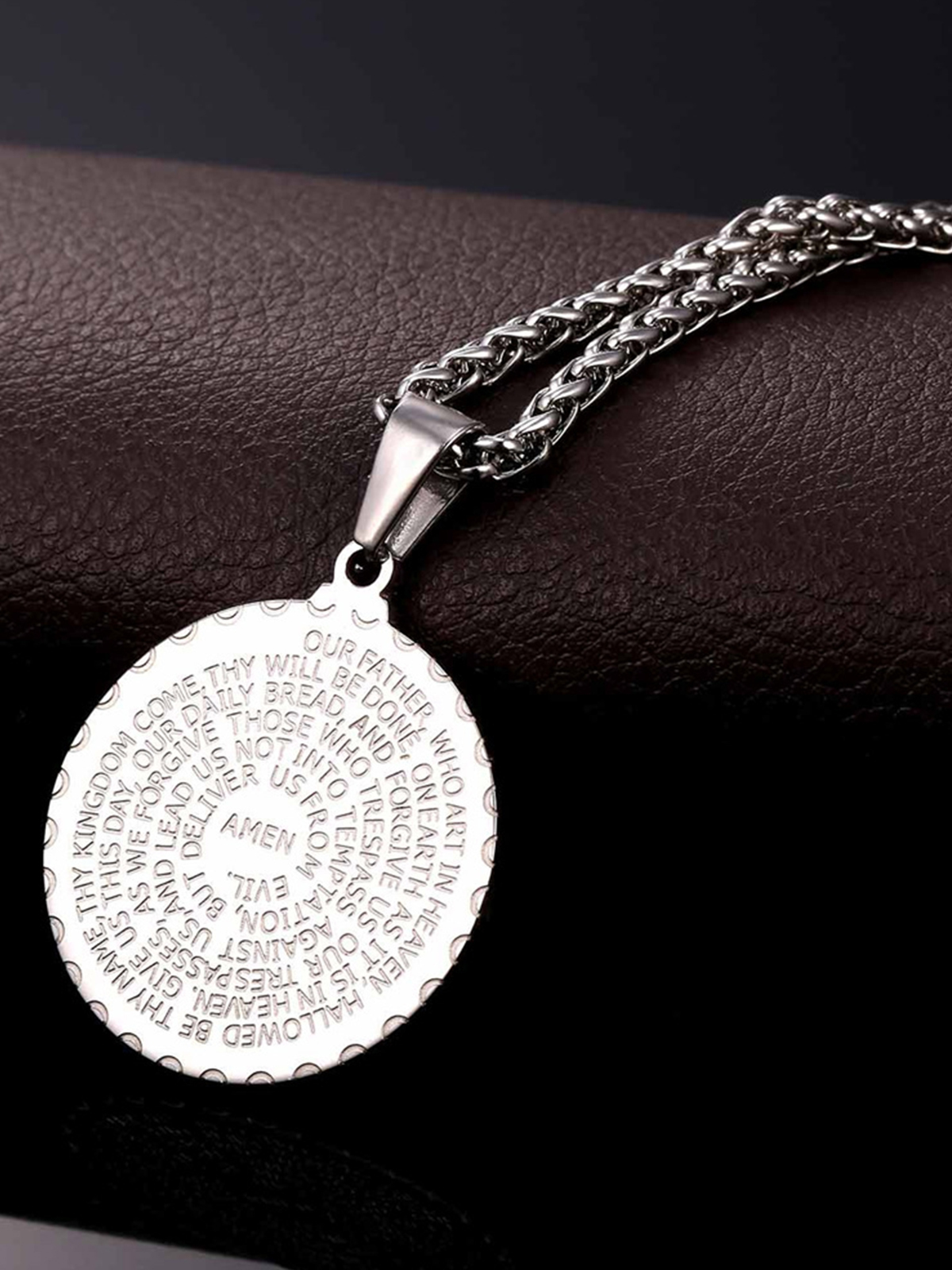 Bible Verse Prayer Pendant Round Coin Medal Necklace in Stainless