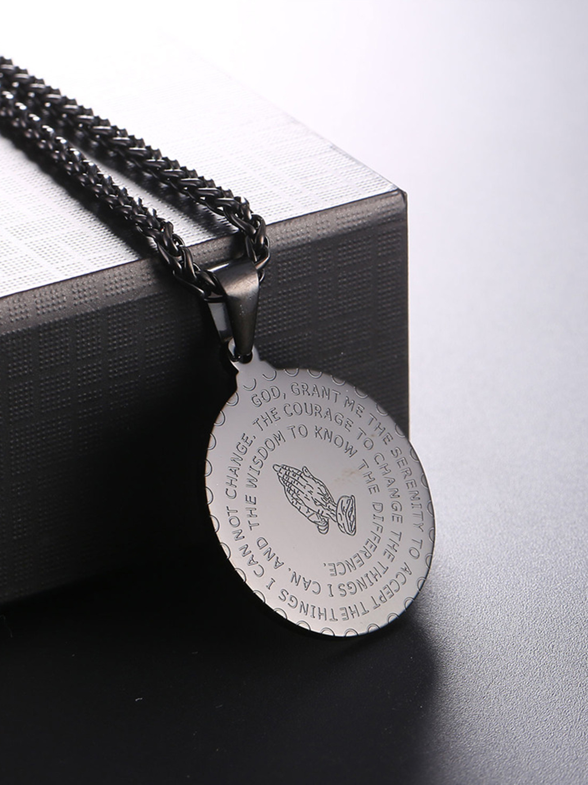 Bible Verse Prayer Pendant Round Coin Medal Necklace in Black