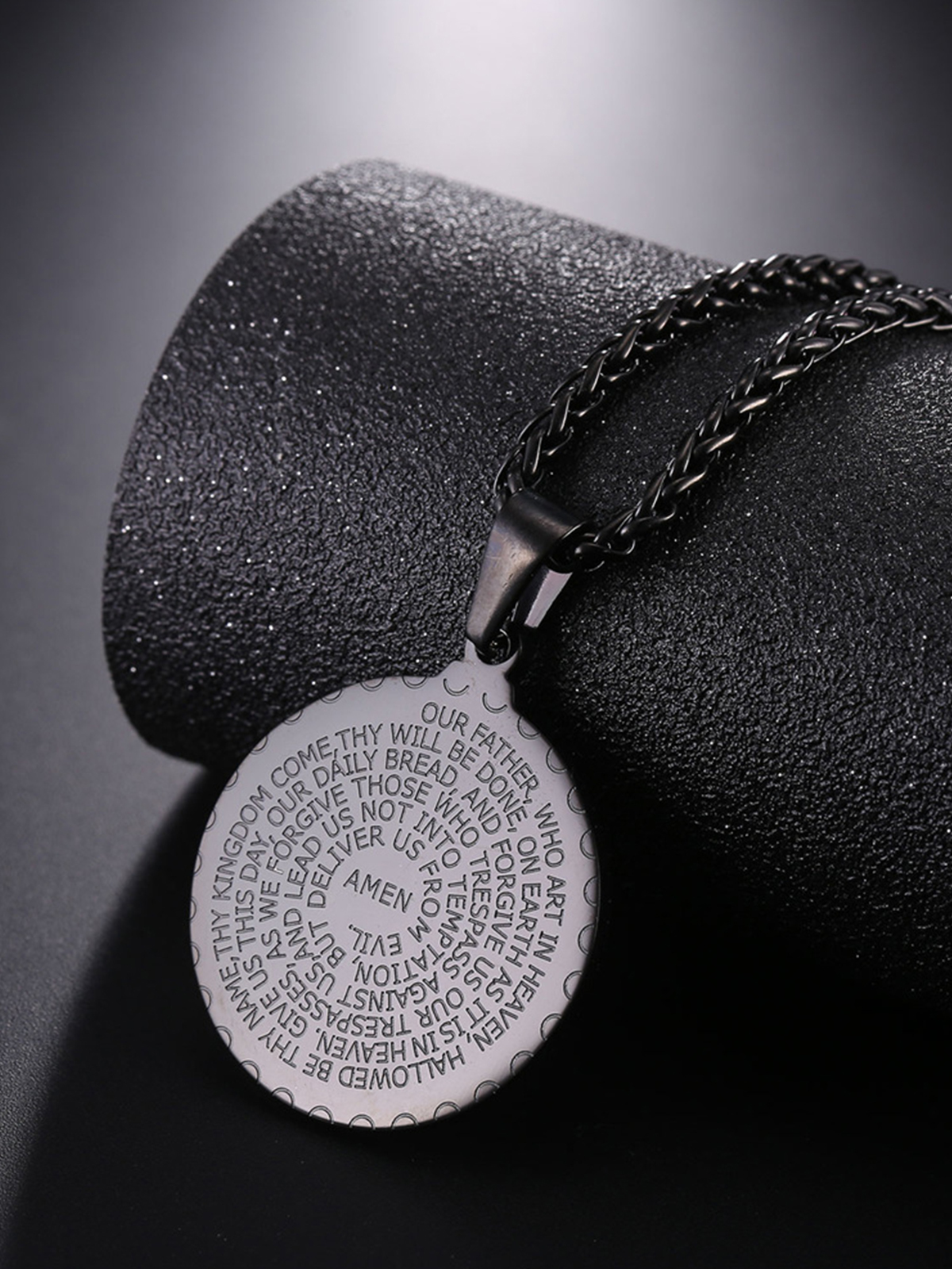 Bible Verse Prayer Pendant Round Coin Medal Necklace in Black