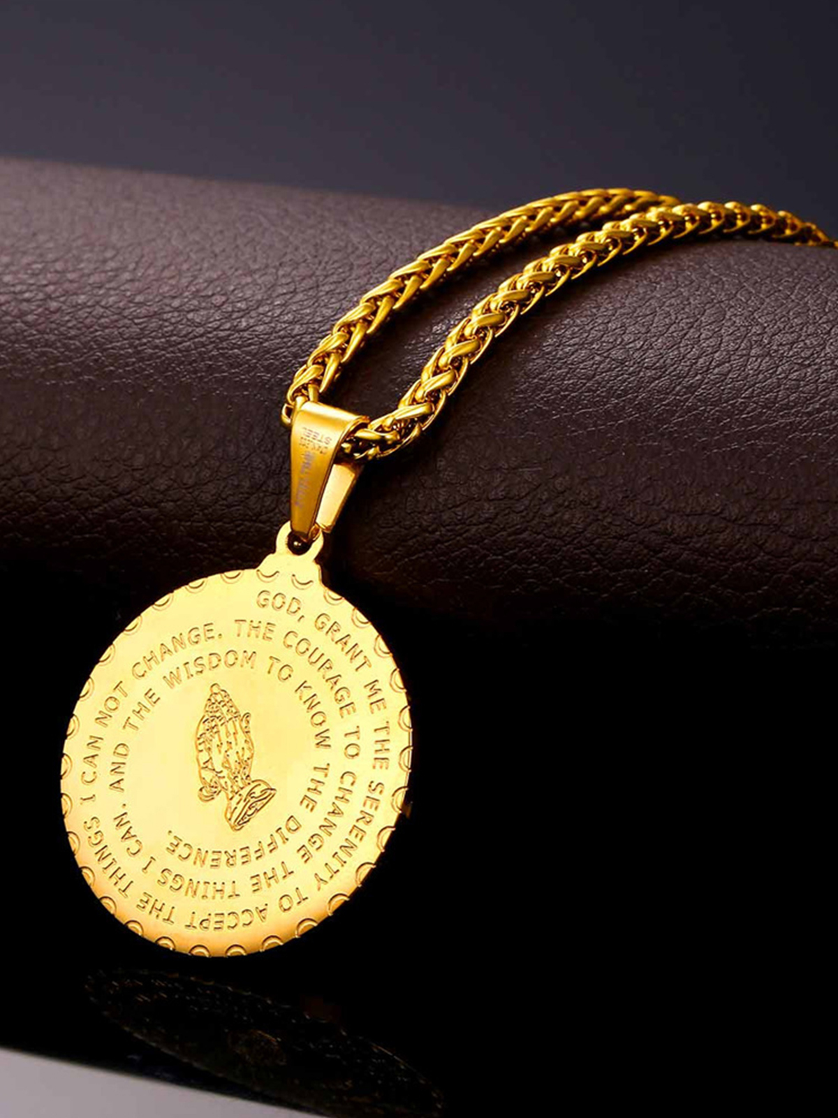 Bible Verse Prayer Pendant Round Coin Medal Necklace in 18K Gold