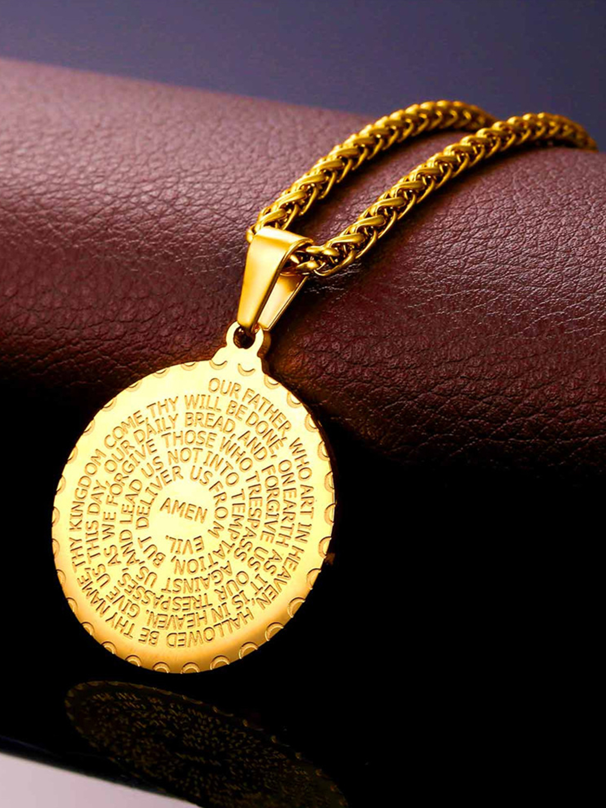 Bible Verse Prayer Pendant Round Coin Medal Necklace in 18K Gold