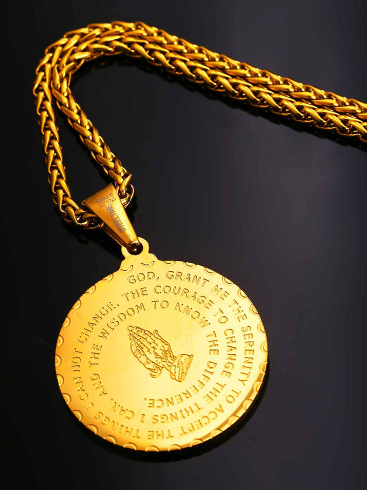 Bible Verse Prayer Pendant Round Coin Medal Necklace in 18K Gold