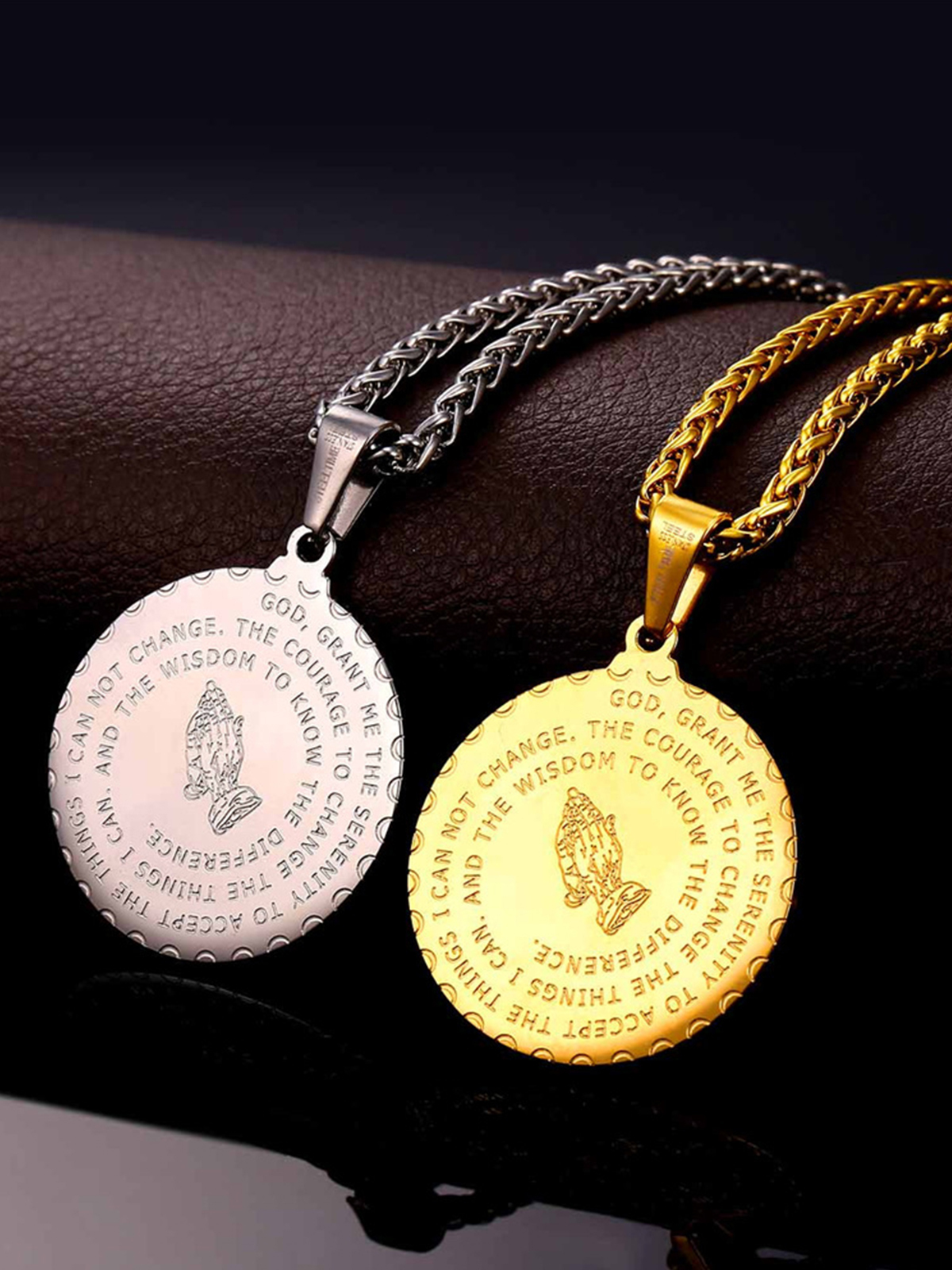 Bible Verse Prayer Pendant Round Coin Medal Necklace in 18K Gold